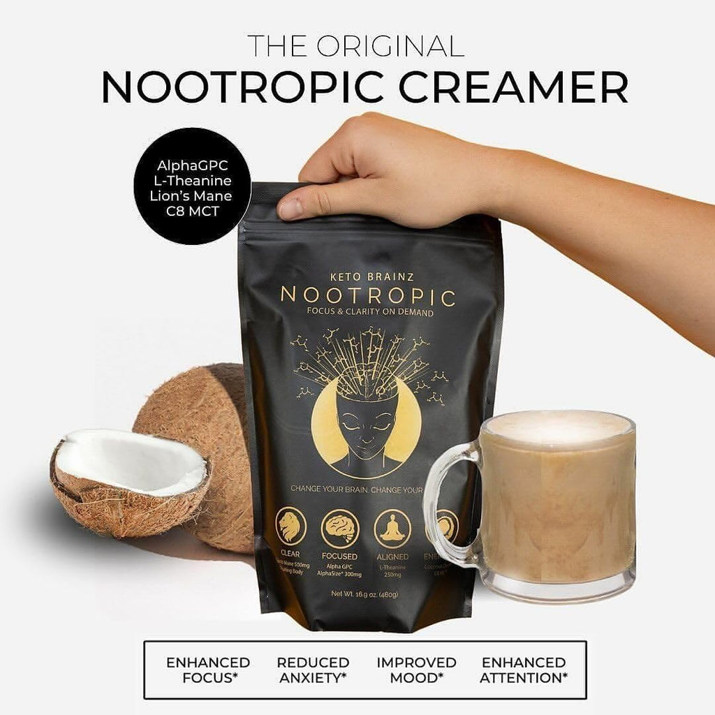 Keto Brainz C8MCT Nootropic Creamer – 500mg Lion’s Mane, AlphaGPC & L-Theanine | 16oz, 30 Servings