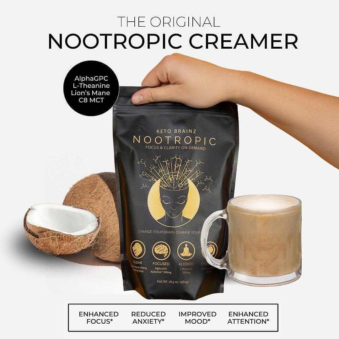 Keto Brainz C8MCT Nootropic Creamer – 500mg Lion’s Mane, AlphaGPC & L-Theanine | 16oz, 30 Servings