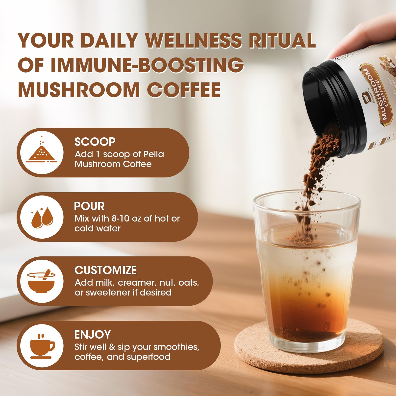 B BEWORTHS 2Pack Mushroom Coffee Powder with MCT Oil - 10-Mushroom Blend for Focus, Immune & Brain Health | Keto