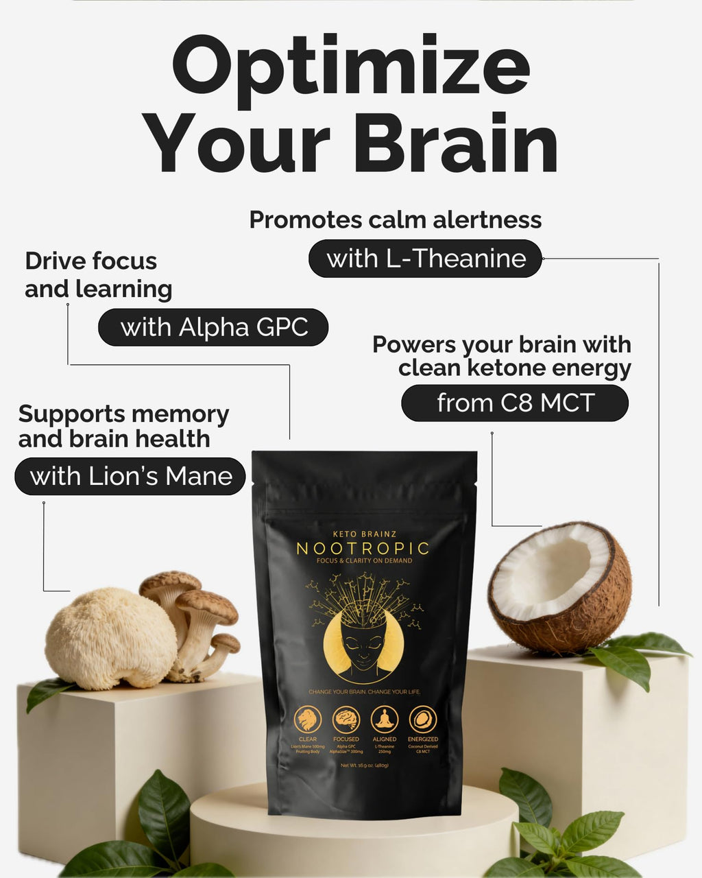 Keto Brainz C8MCT Nootropic Creamer – 500mg Lion’s Mane, AlphaGPC & L-Theanine | 16oz, 30 Servings