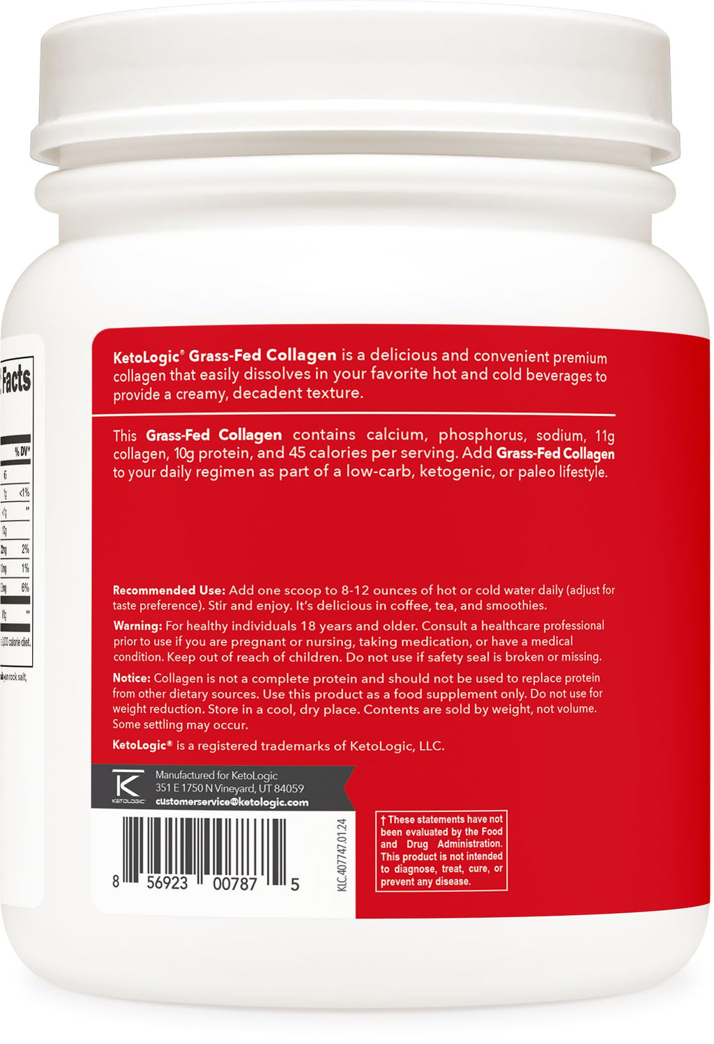 Ketologic Grass-Fed Collagen Hydrolysate Powder (Vanilla) | 1 lb, 37 Servings