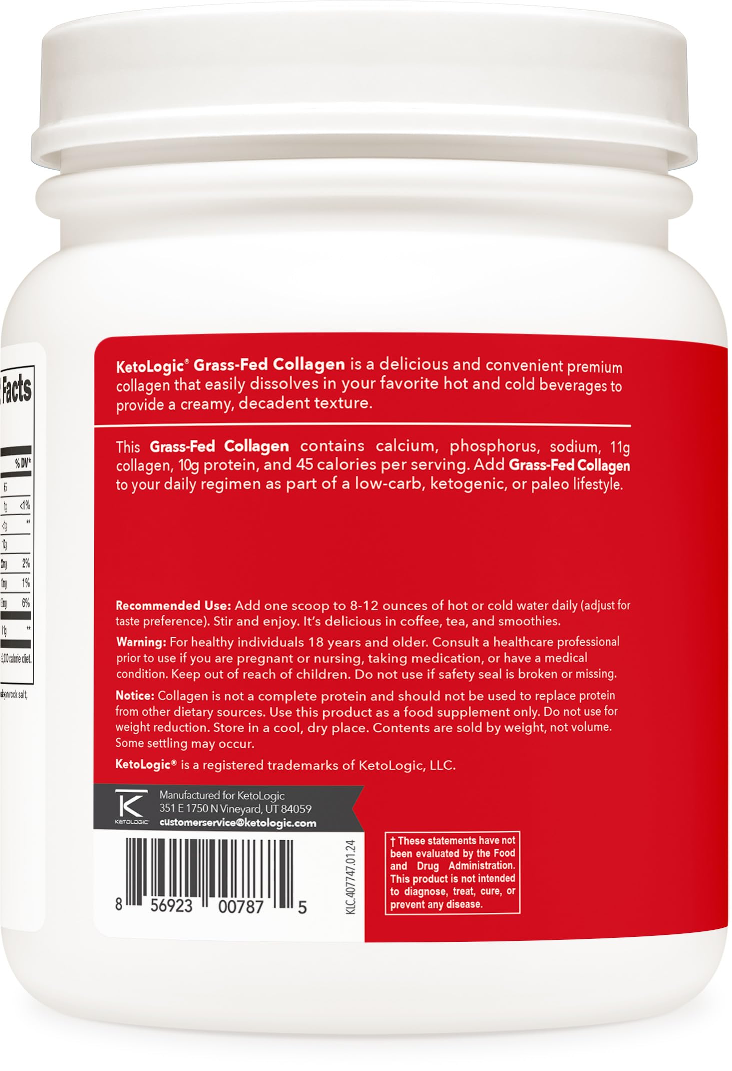 Ketologic Grass-Fed Collagen Hydrolysate Powder (Vanilla) | 1 lb, 37 Servings