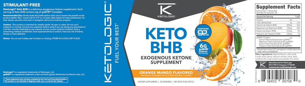 Ketologic Keto BHB Orange Mango – 30 Servings | Exogenous Ketone Supplement with goBHB