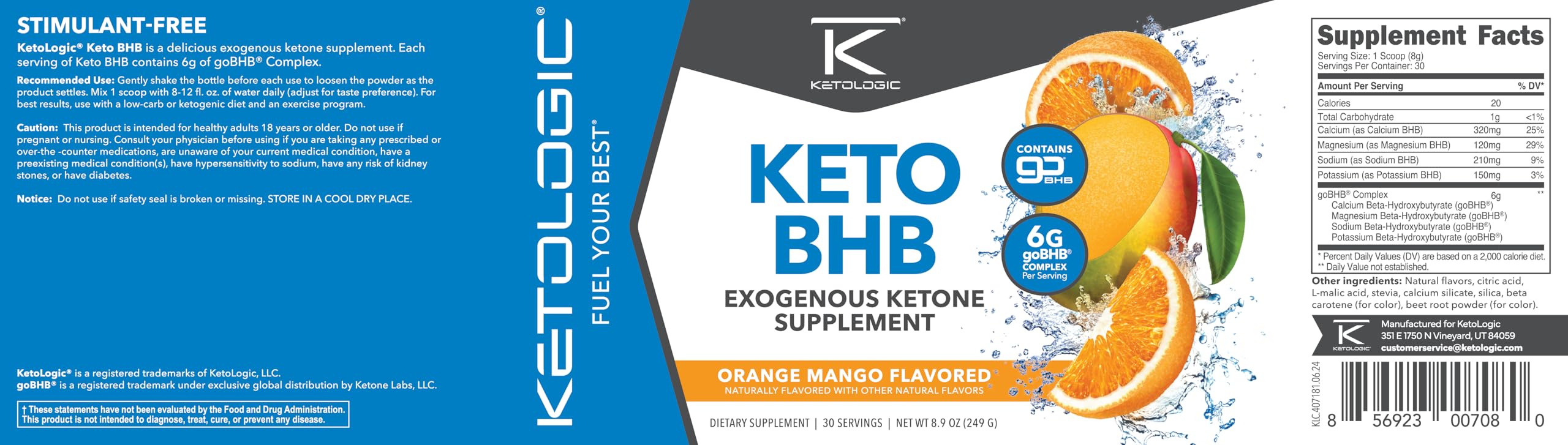 Ketologic Keto BHB Orange Mango – 30 Servings | Exogenous Ketone Supplement with goBHB
