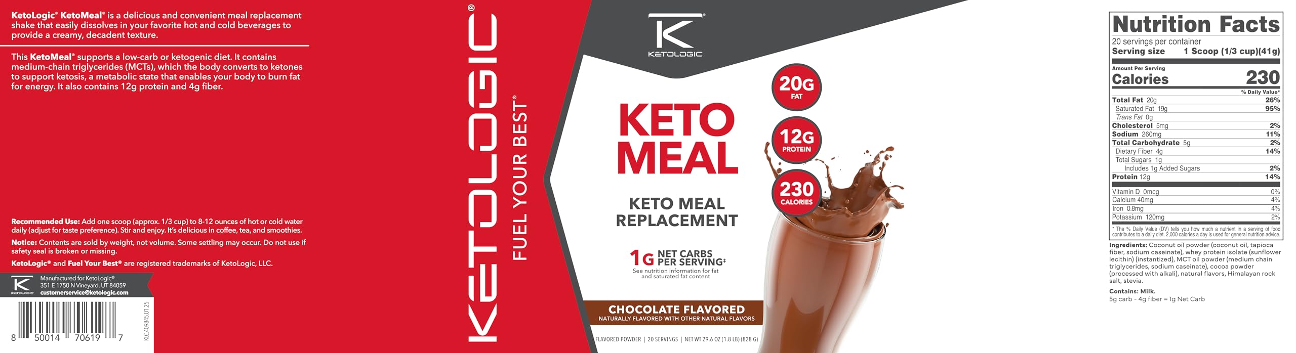 KetoLogic KetoMeal Shake with MCT Oil — 70:30 Ketogenic Macros, 20 Servings, Chocolate