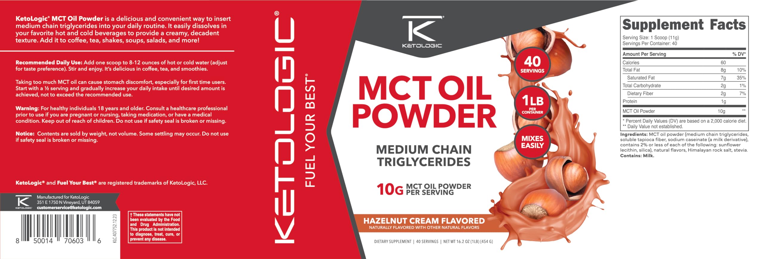 Ketologic MCT Oil Powder Hazelnut Cream (1 lb) – Keto Coffee Creamer & Energy | 41 Servings