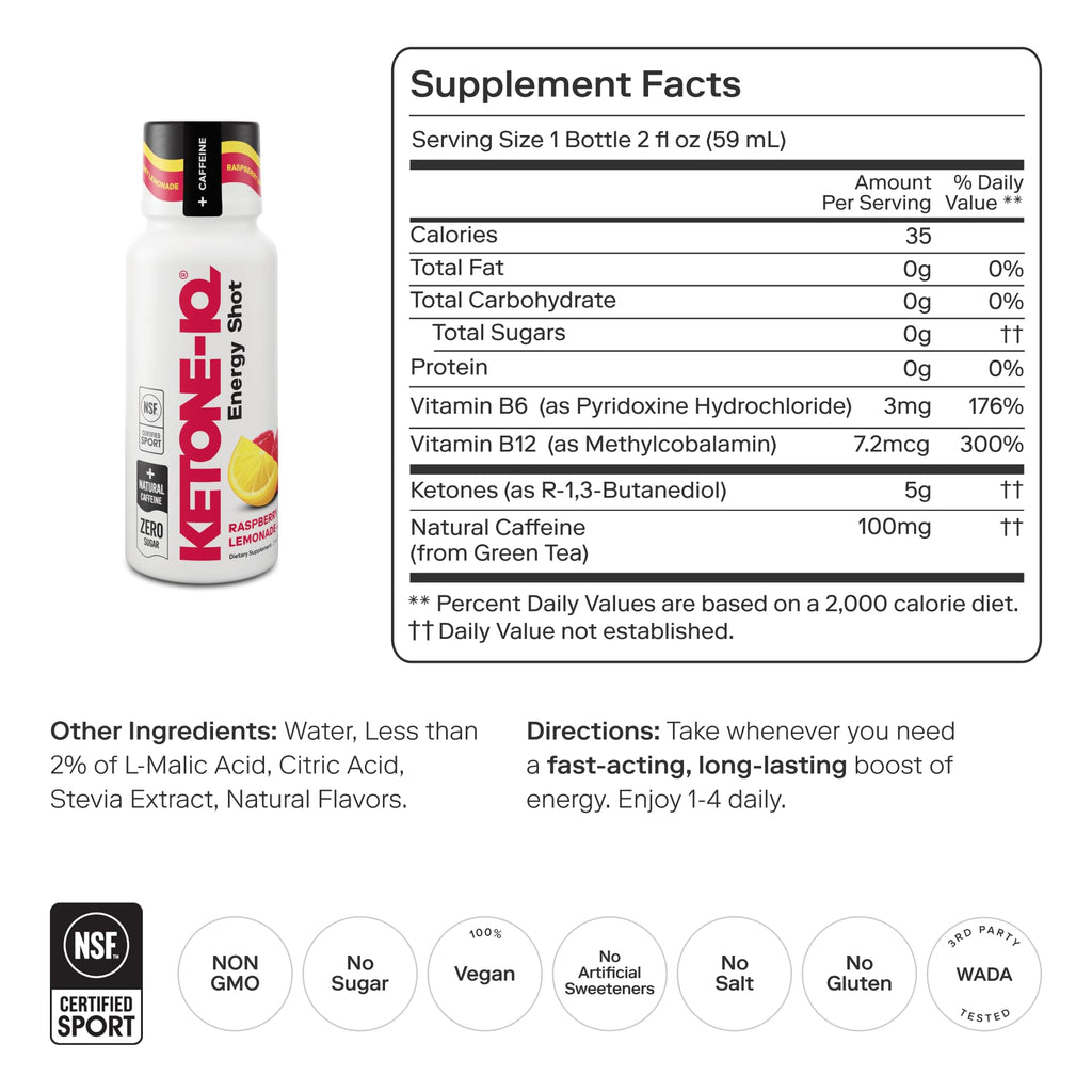 Ketone-IQ Ketone Energy Shots - 24 On-The-Go Raspberry Lemonade, 100mg Green Tea Caffeine