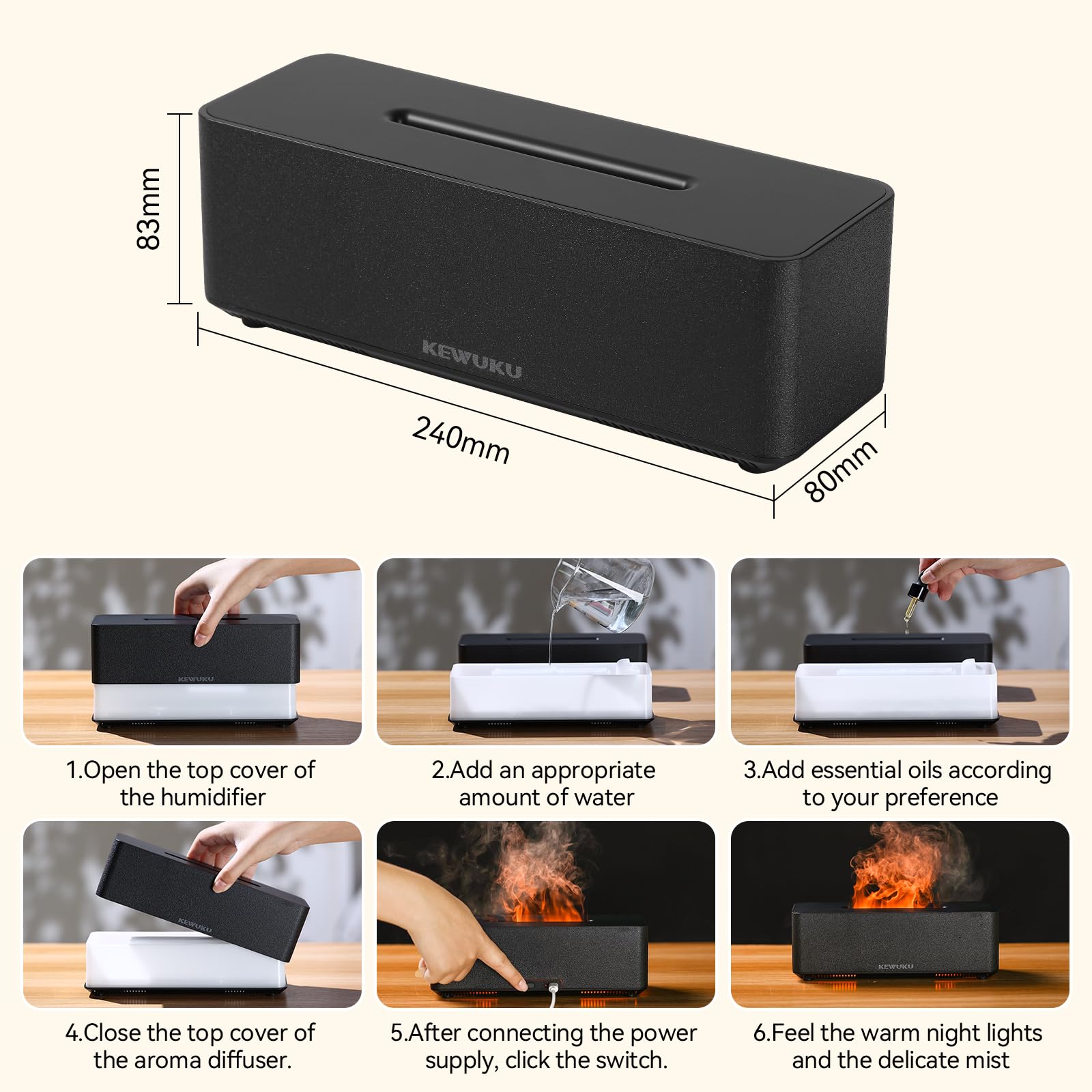 KEWUKU 10oz Essential Oil Diffuser & Humidifier – Flickering Flame, Quiet Ultrasonic