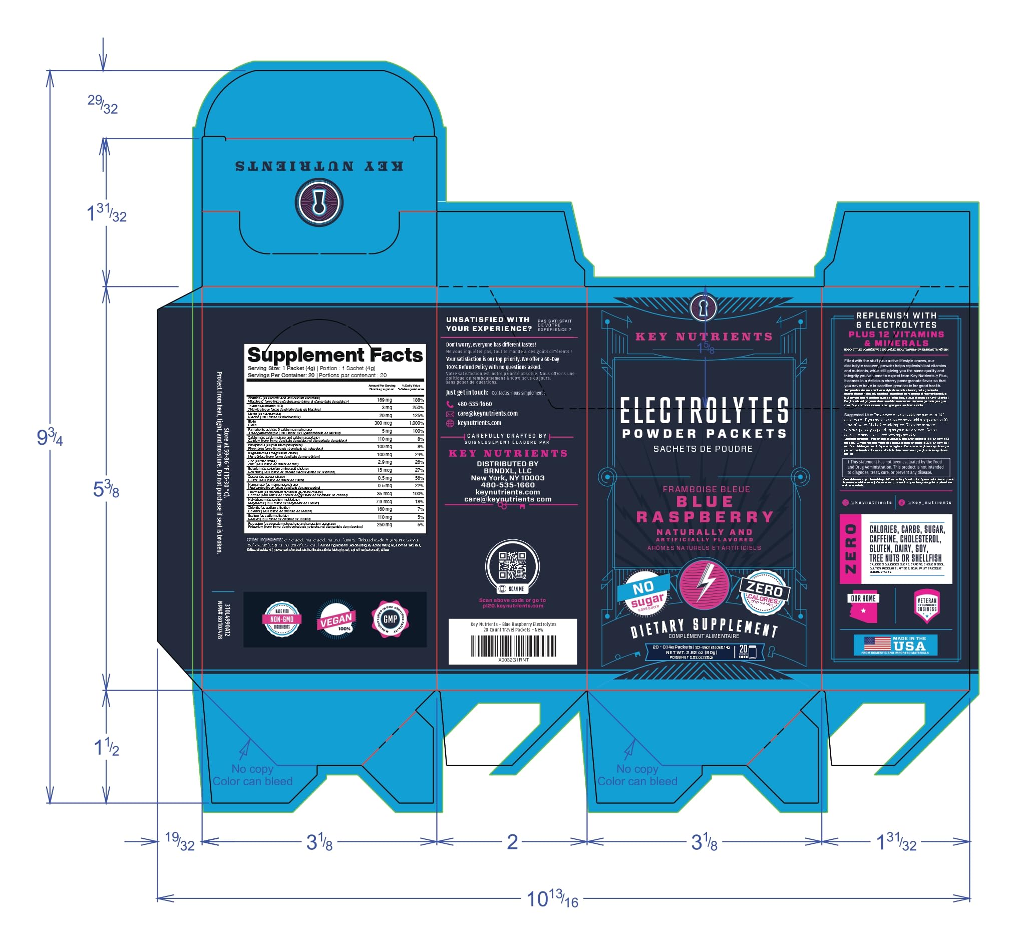 KEY NUTRIENTS Electrolytes Powder Packets 20 Pack - No Sugar, Blue Raspberry