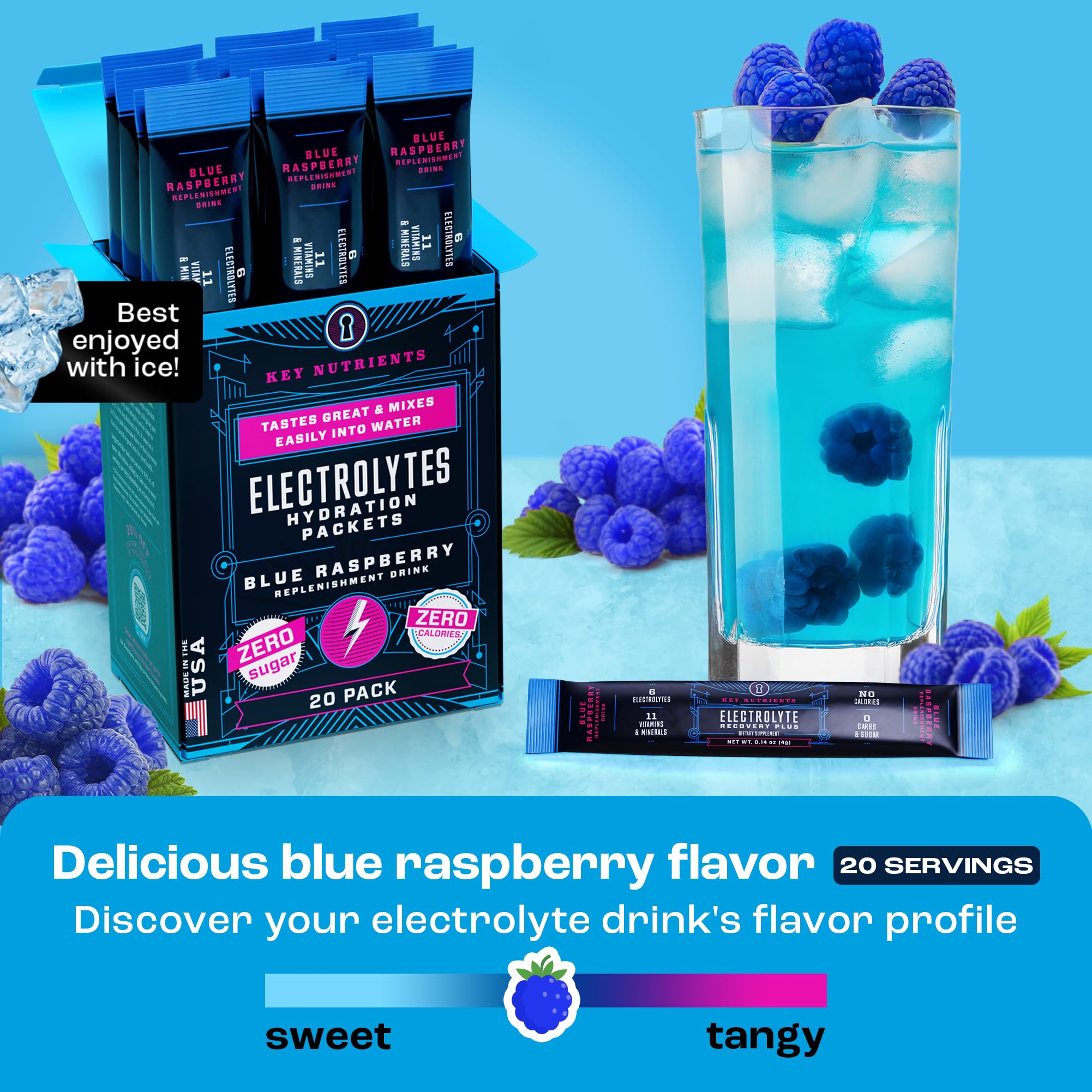 KEY NUTRIENTS Electrolytes Powder Packets 20 Pack - No Sugar, Blue Raspberry