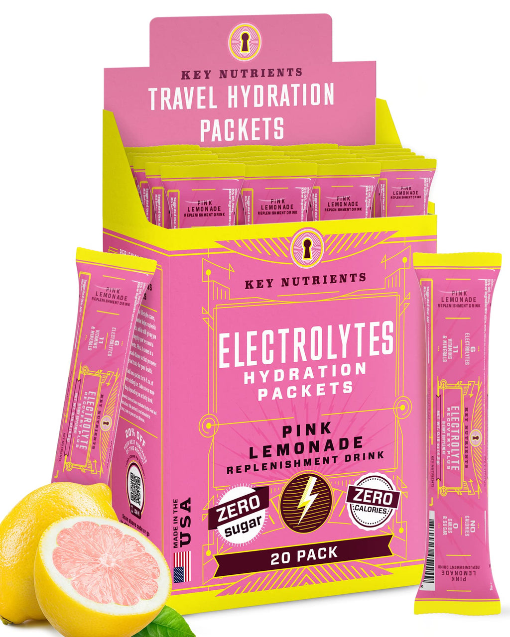 KEY NUTRIENTS Electrolytes Powder Packets - Fresh Pink Lemonade 20 Pack Hydration Packets - Made in USA