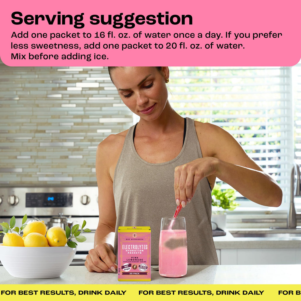 KEY NUTRIENTS Electrolytes Powder Packets - Fresh Pink Lemonade 20 Pack Hydration Packets - Made in USA