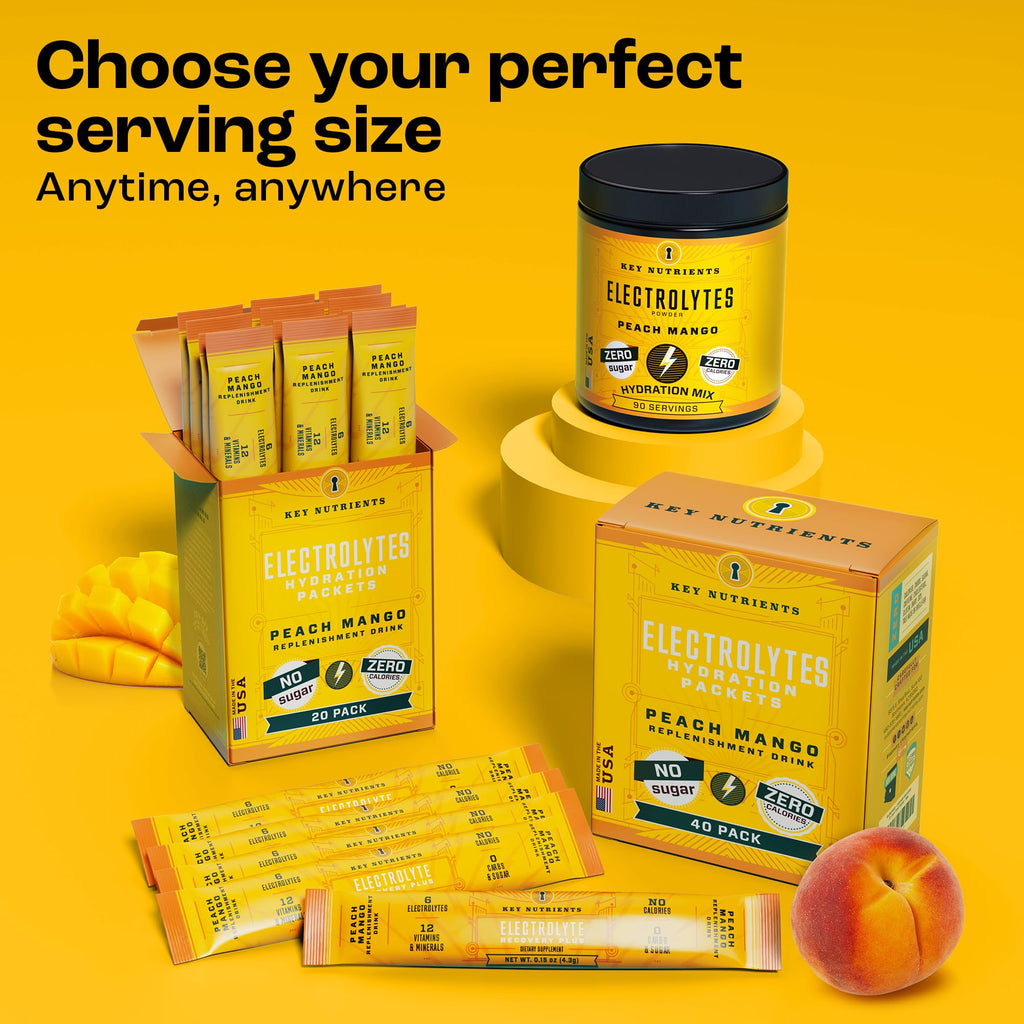 KEY NUTRIENTS Electrolytes Powder Packets – Tropical Peach Mango 20 Pack | No Sugar, Gluten Free, Made in USA