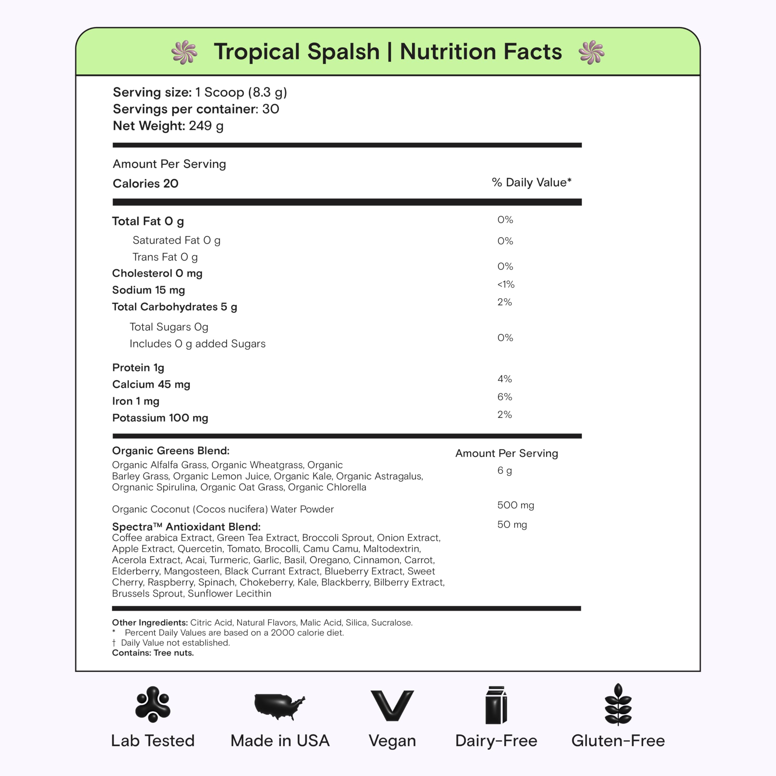 Kiala Nutrition Super Greens — Organic Greens Powder with Spectra Blend, Tropical Splash, 30 Servings