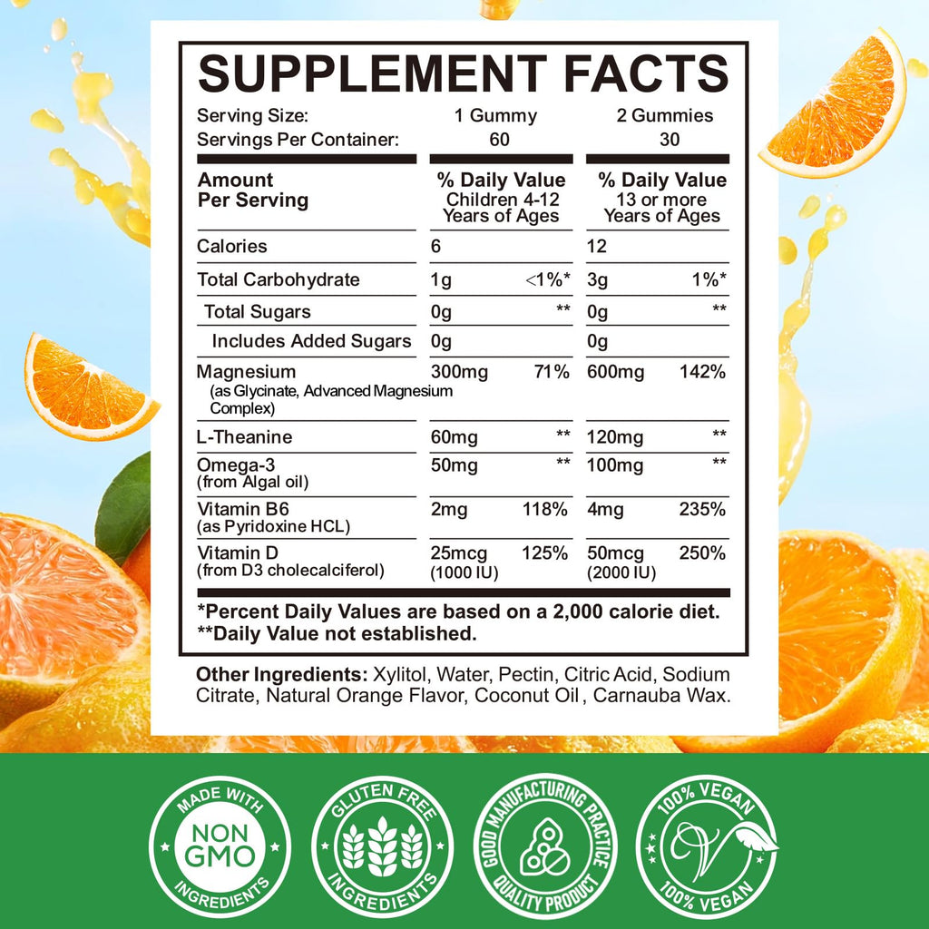Magnesium Complex Gummies for Kids & Adults – Vegan, Sugar-Free Orange Flavor, 60 Gummies
