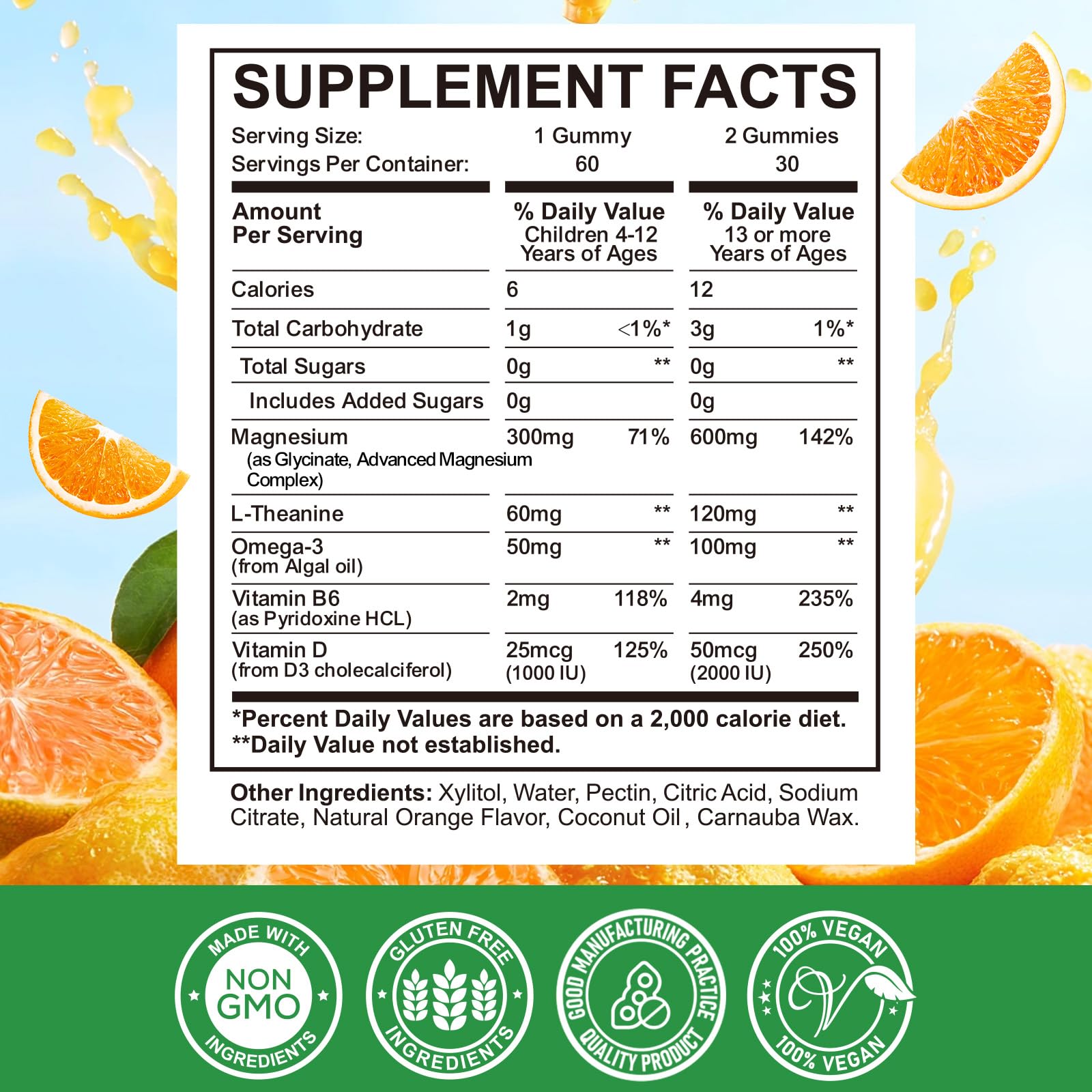 Magnesium Complex Gummies for Kids & Adults – Vegan, Sugar-Free Orange Flavor, 60 Gummies