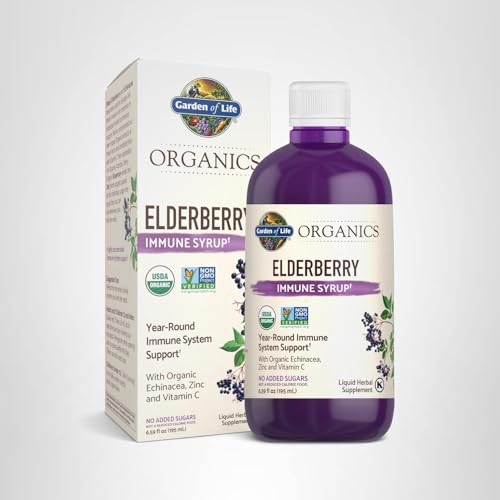 Garden of Life Organics Elderberry Immune Syrup – Sugar Free, 6.59 floz (195 mL) for Kids & Adults