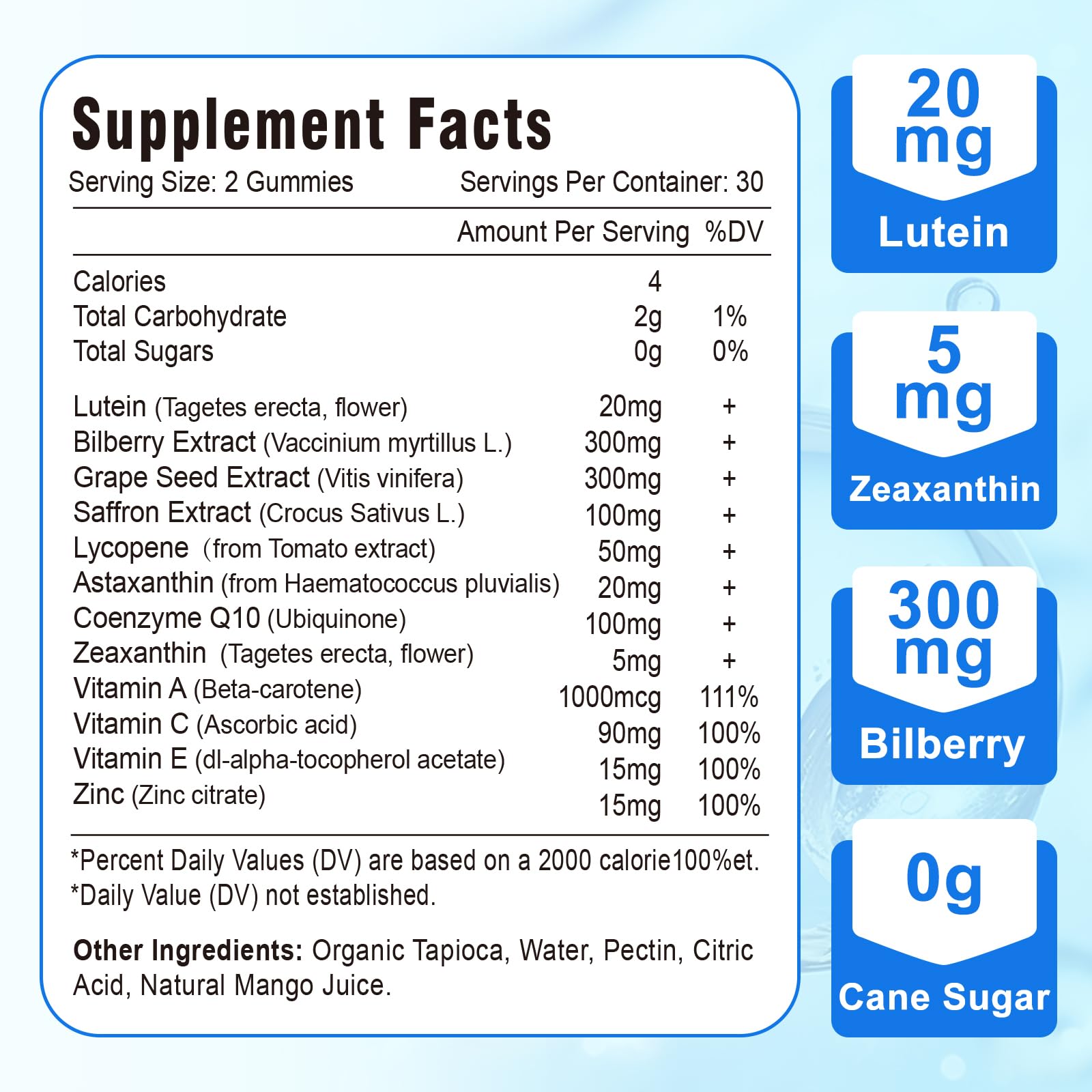 20mg Lutein & Zeaxanthin Gummies – Sugar Free Eye Health Supplement for Adults & Kids