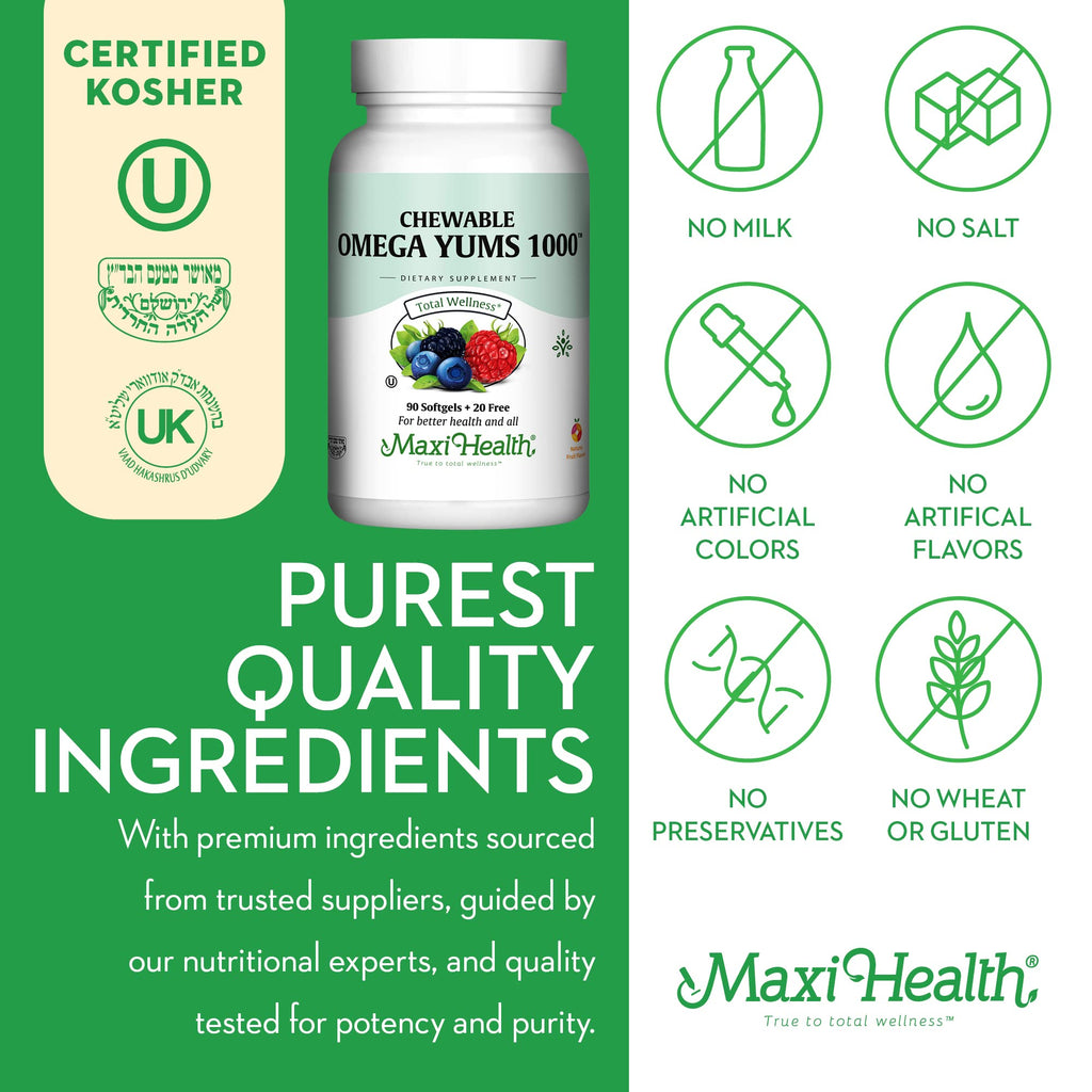 Maxi Health Omega Yums 1000 – Kid-Friendly Fruity Burst Omega-3 Gummies (110 Softgels) | Kosher