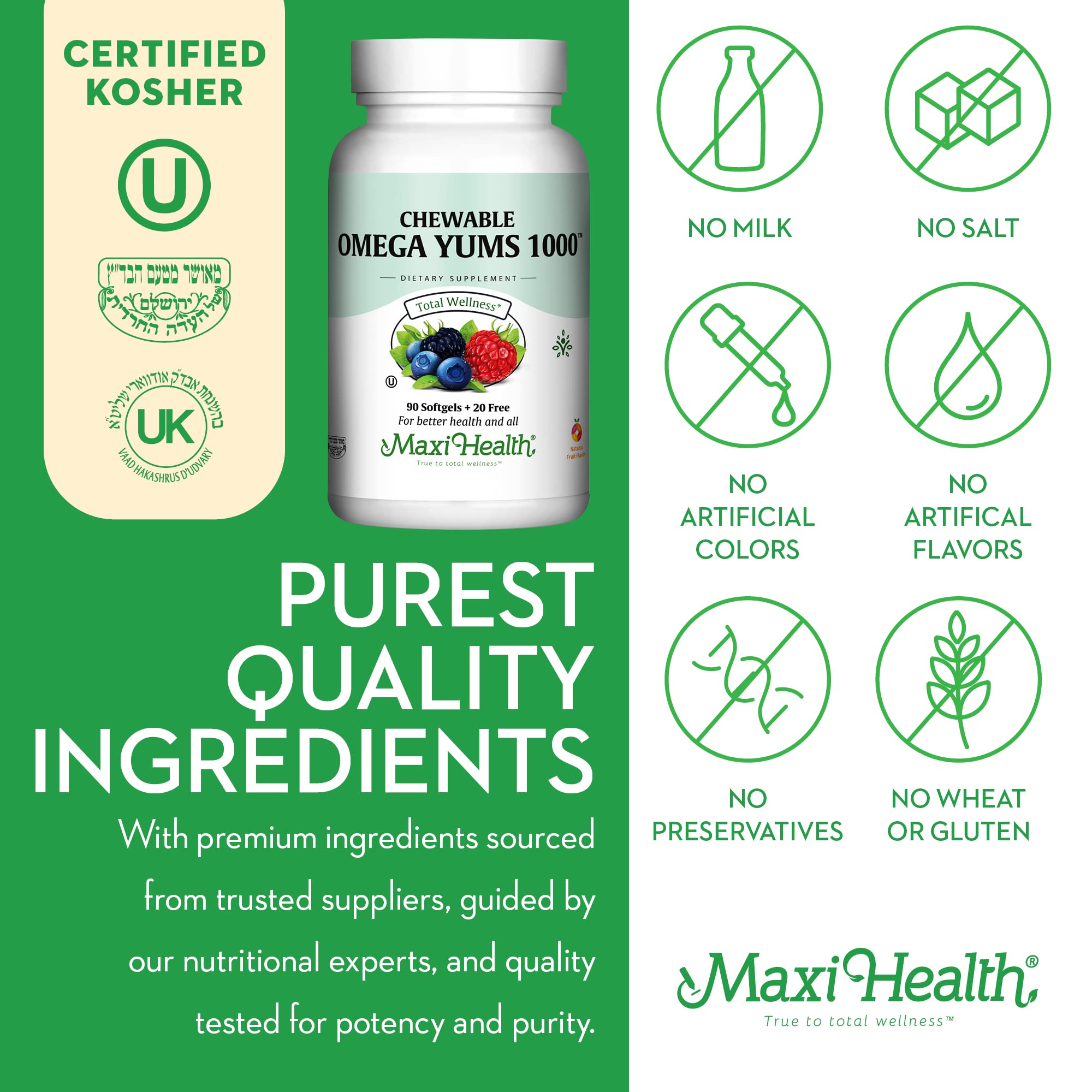 Maxi Health Omega Yums 1000 – Kid-Friendly Fruity Burst Omega-3 Gummies (110 Softgels) | Kosher