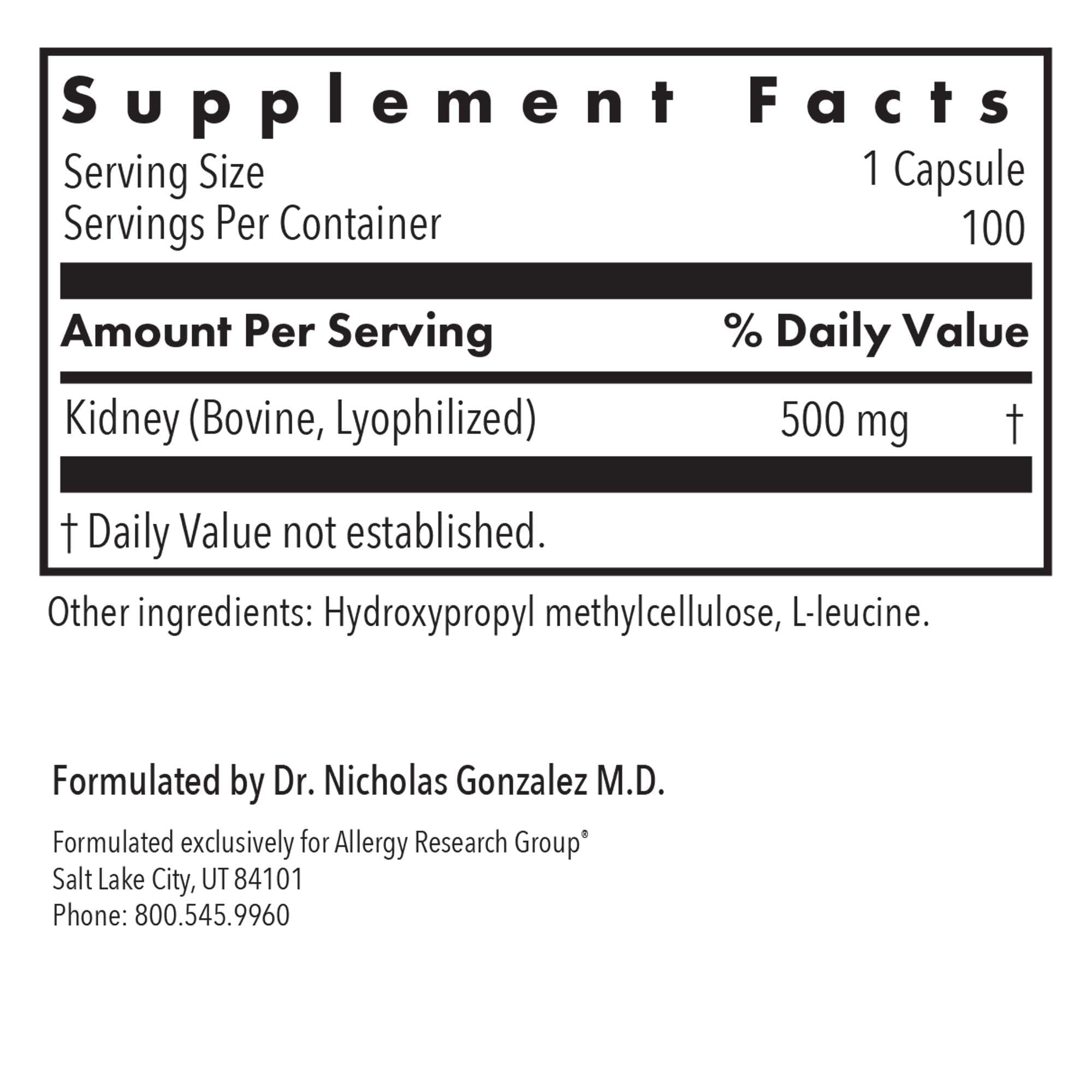 Allergy Research Group Kidney Beef Supplement - Natural Glandular, Freeze-Dried, 100 Count