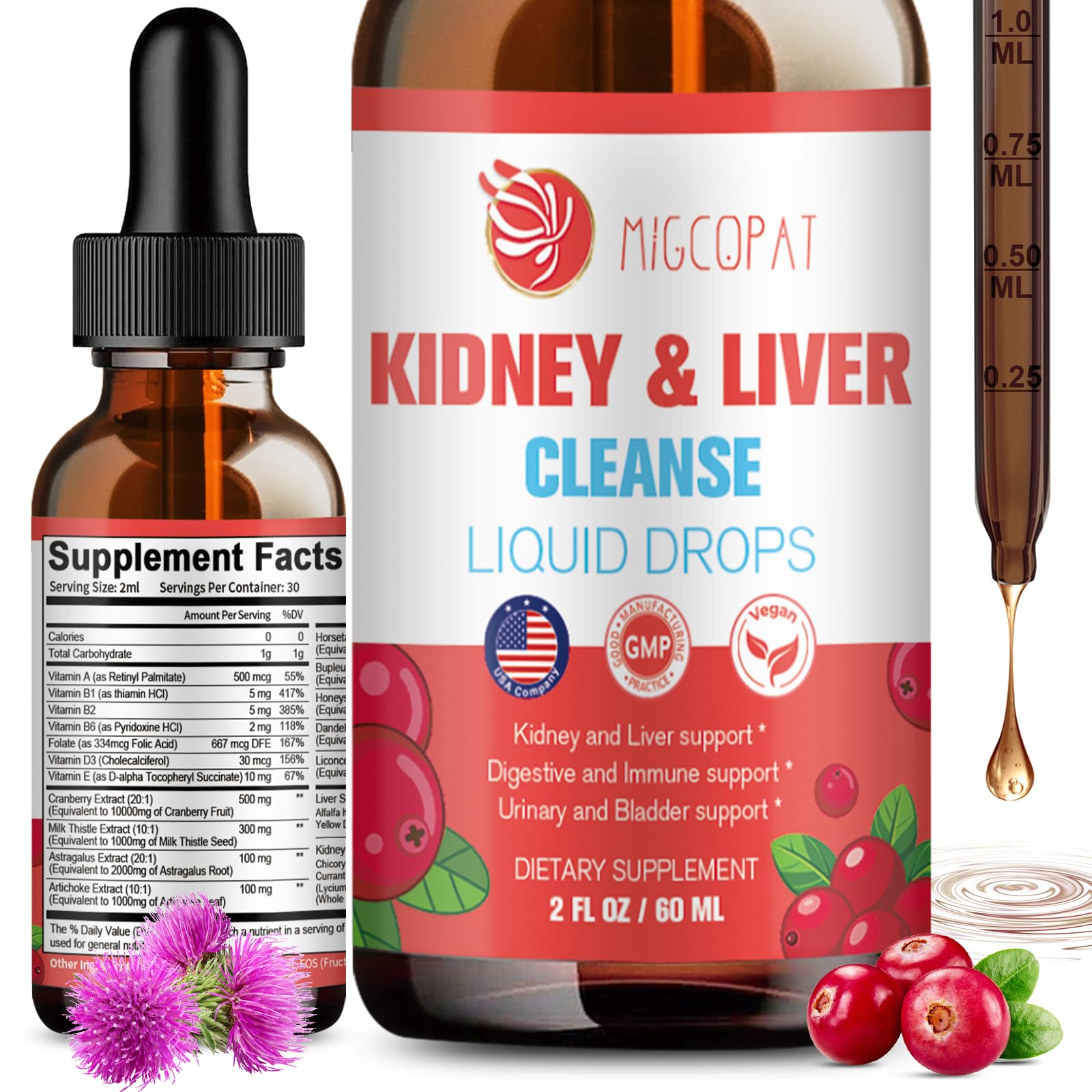 Kidney & Liver Cleanse Detox & Repair Drops – Cranberry, Milk Thistle & Artichoke (60ml) | Natural Herbal Supplement