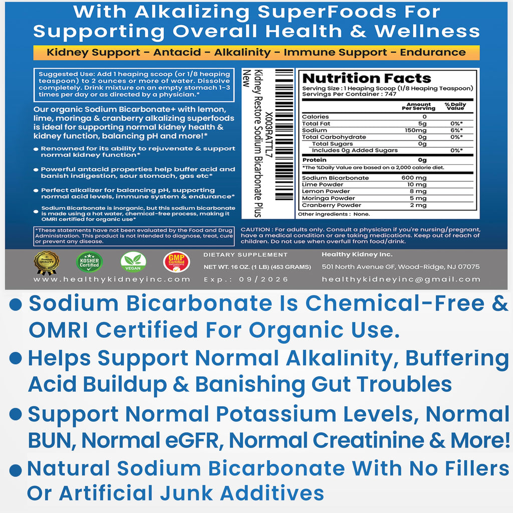 Kidney Restore Organic Sodium Bicarbonate Alkaline Supplement – Kidney Support & Stomach Neutralizer (1.5 lb)