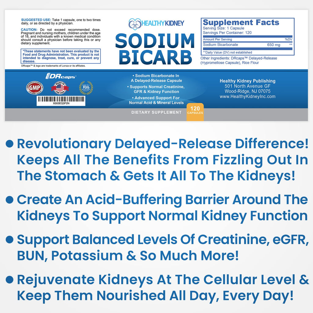 Kidney Restore Sodium Bicarbonate 650mg Delayed-Release Capsules | Kidney Support, Acid Relief, 2-Pack