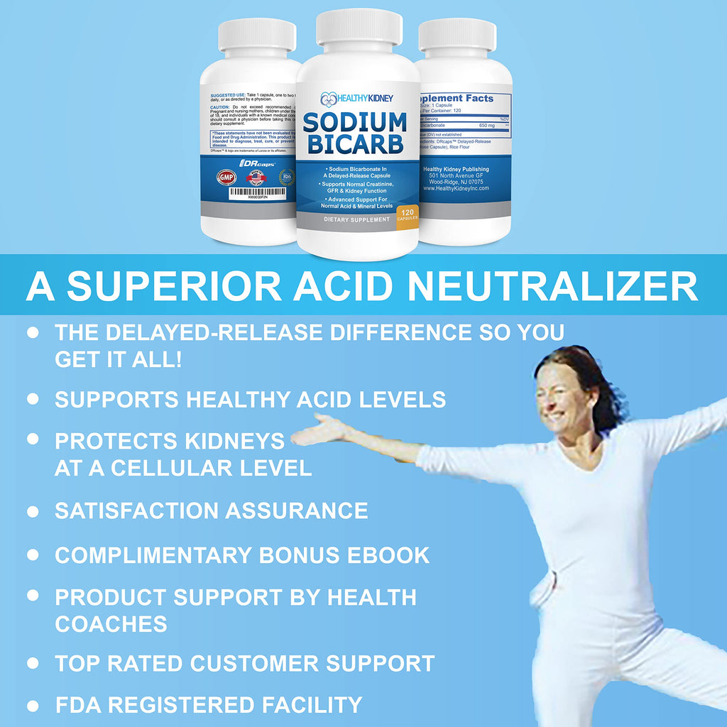 Kidney Restore Sodium Bicarbonate 650mg Delayed-Release Capsules | Kidney Support, Acid Relief, 2-Pack
