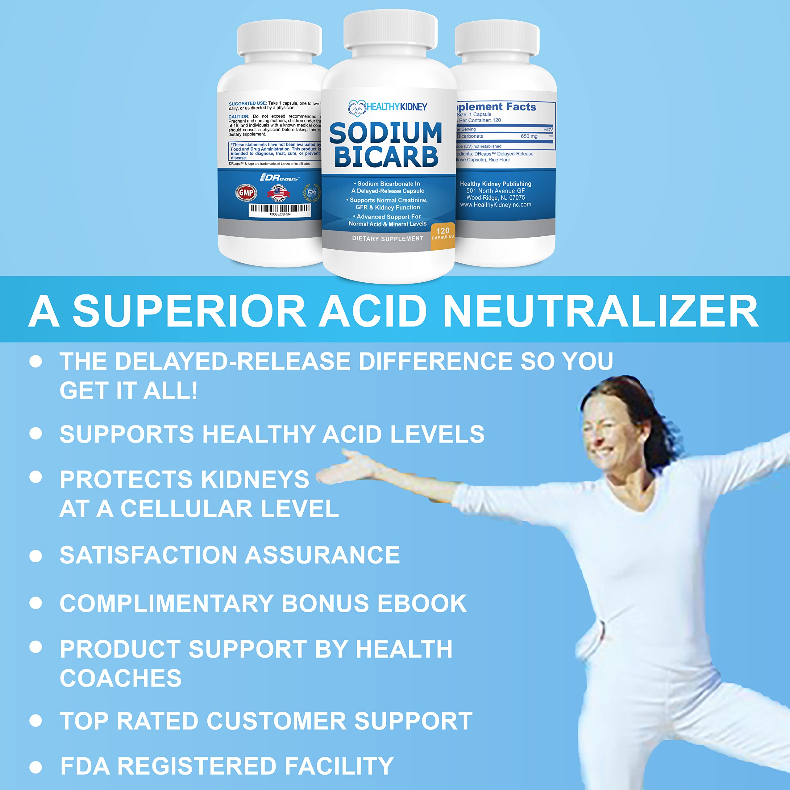 Kidney Restore Sodium Bicarbonate 650mg Delayed-Release Capsules | Kidney Support, Acid Relief, 2-Pack