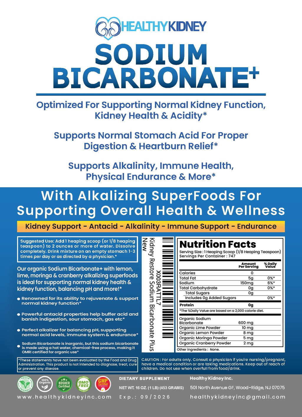 Kidney Restore Organic Sodium Bicarbonate Alkaline Supplement – Kidney Support & Stomach Neutralizer (1.5 lb)