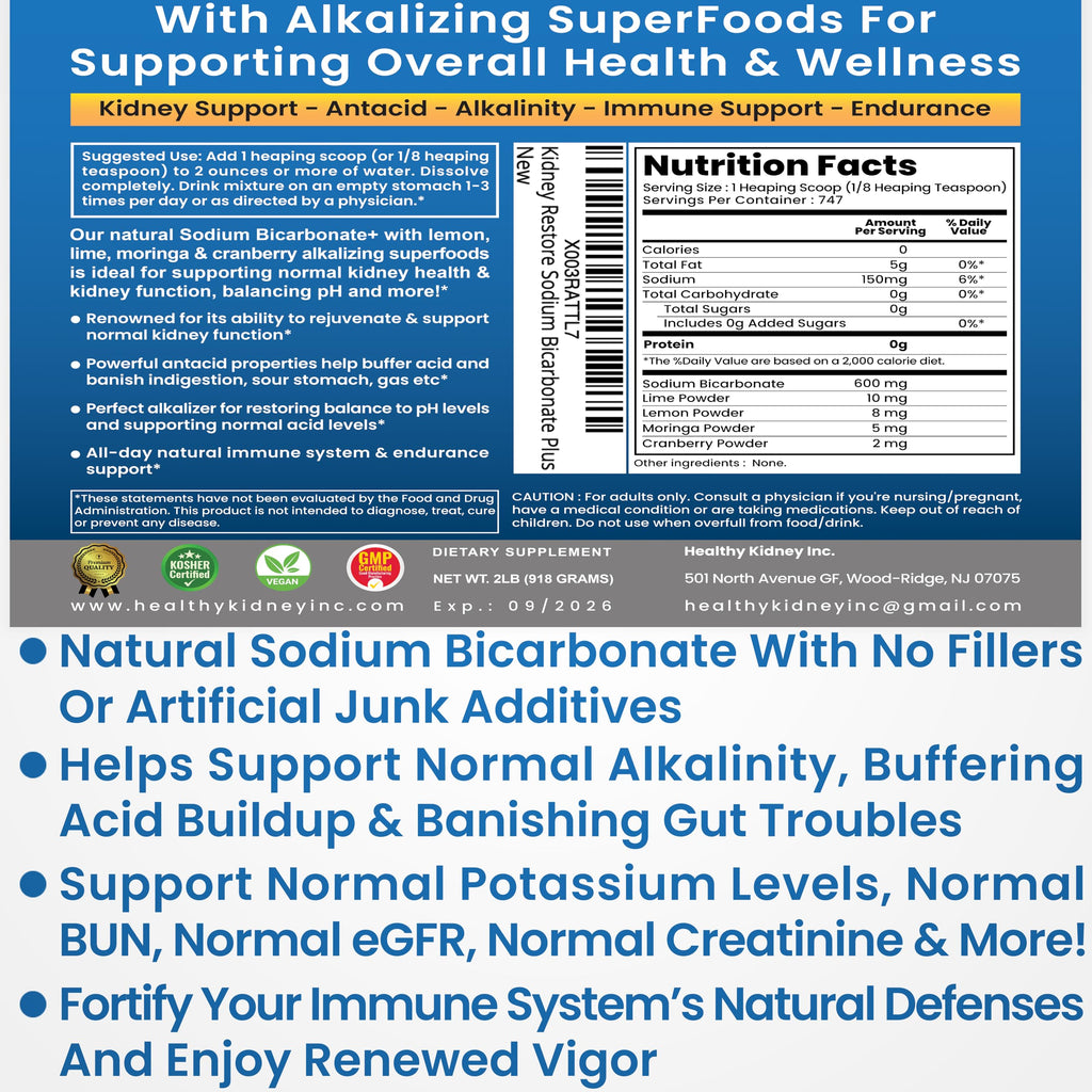 Kidney Restore Organic Sodium Bicarbonate Alkaline Supplement – Kidney Support & Digestive Comfort