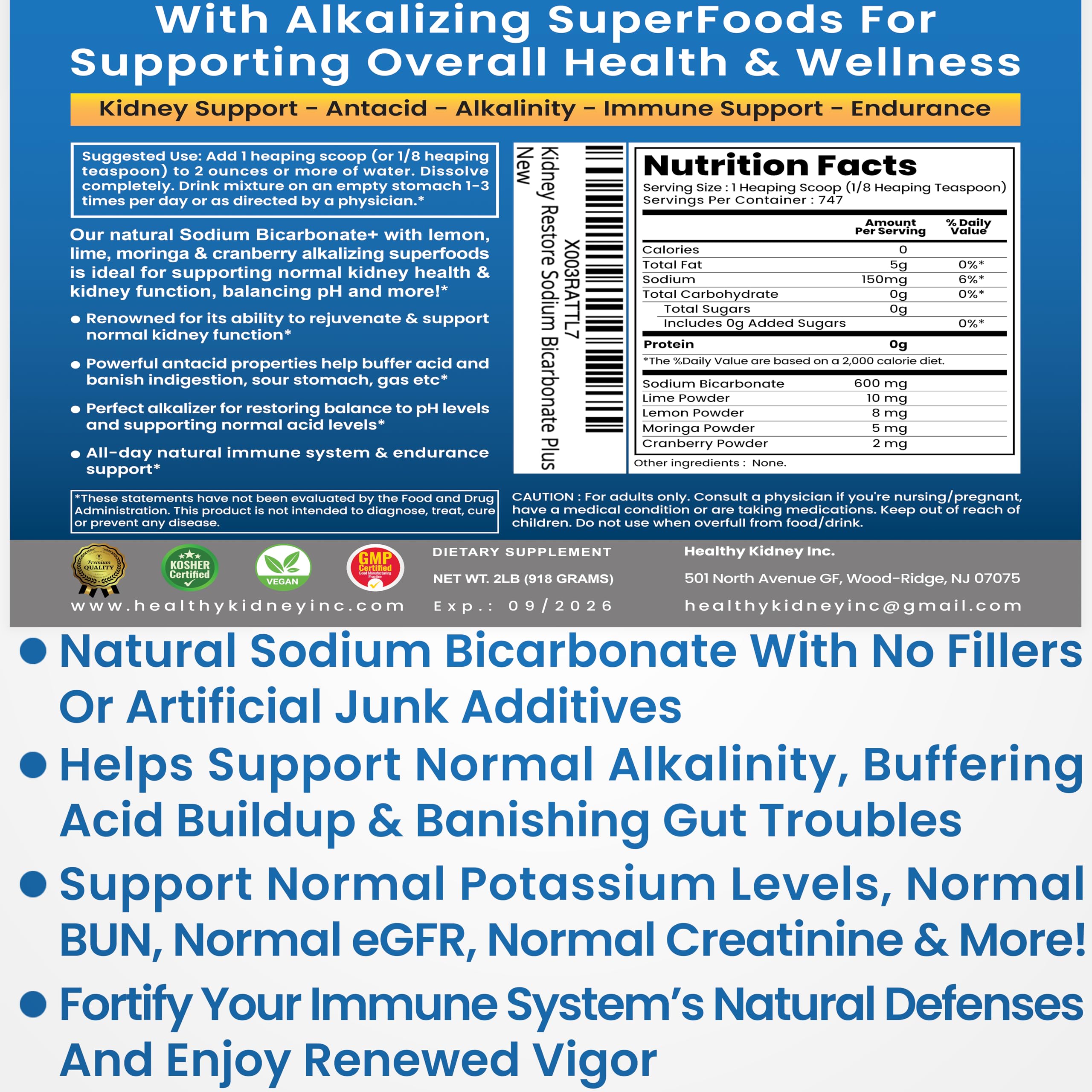 Kidney Restore Organic Sodium Bicarbonate Alkaline Supplement – Kidney Support & Digestive Comfort
