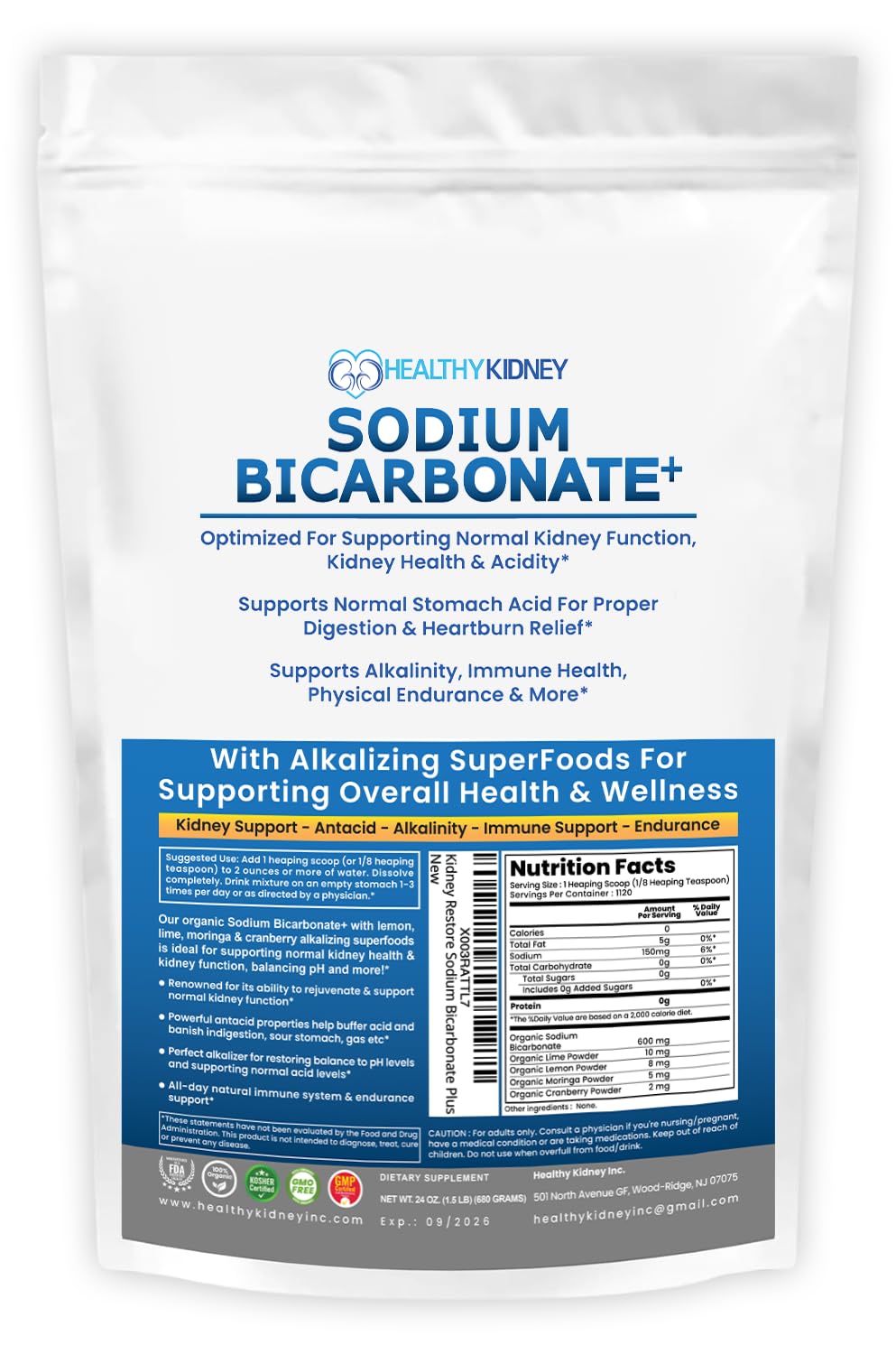 Kidney Restore Organic Sodium Bicarbonate Alkaline Supplement – Kidney Support & Stomach Neutralizer (1.5 lb)