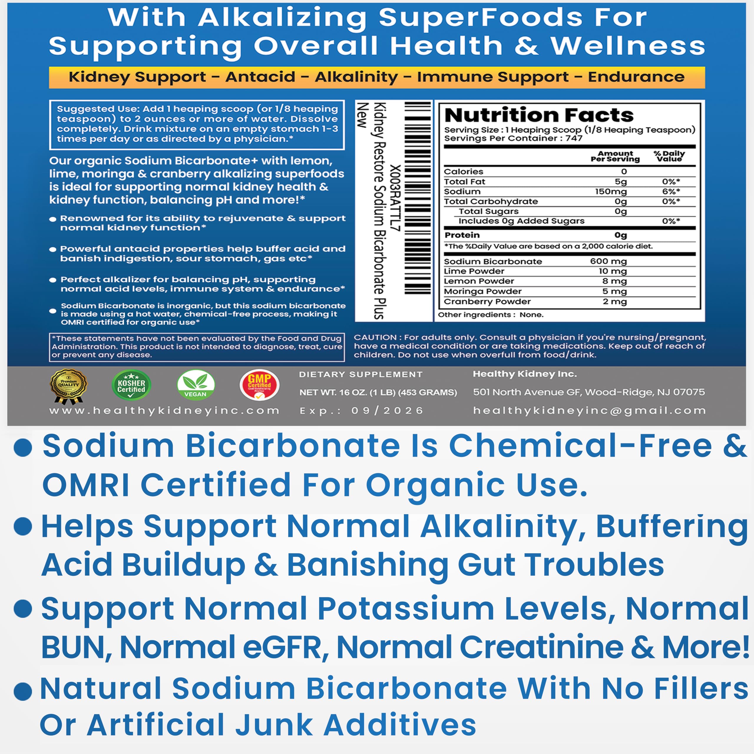 Kidney Restore Organic Sodium Bicarbonate Alkaline Supplement | Kidney Health & Stomach Support (1LB)