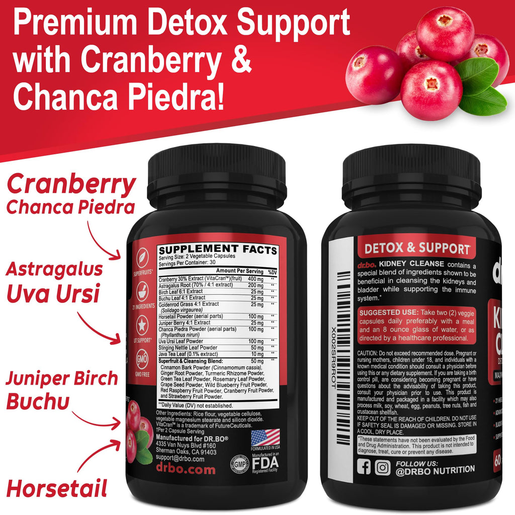 Kidney Cleanse Detox Support Supplement – Cranberry, Juniper Berries, Buchu & Uva Ursi for Kidney & Urinary Tract Health