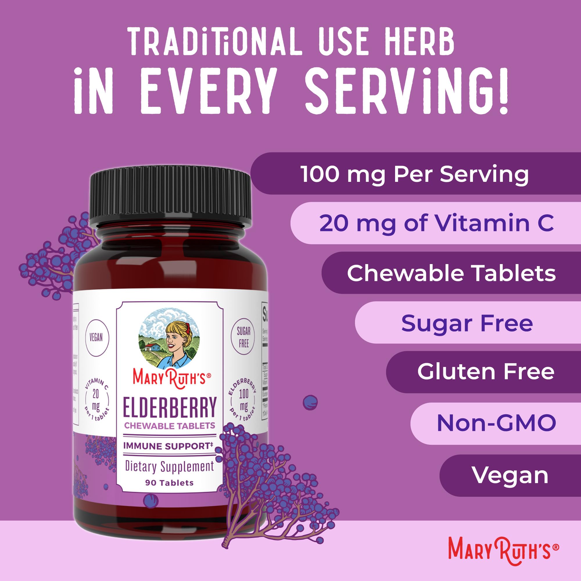 MaryRuth Organics Elderberry Vitamin C Chewable Tablets – Immune Support – 90 Servings – Gluten Free | Non-GMO