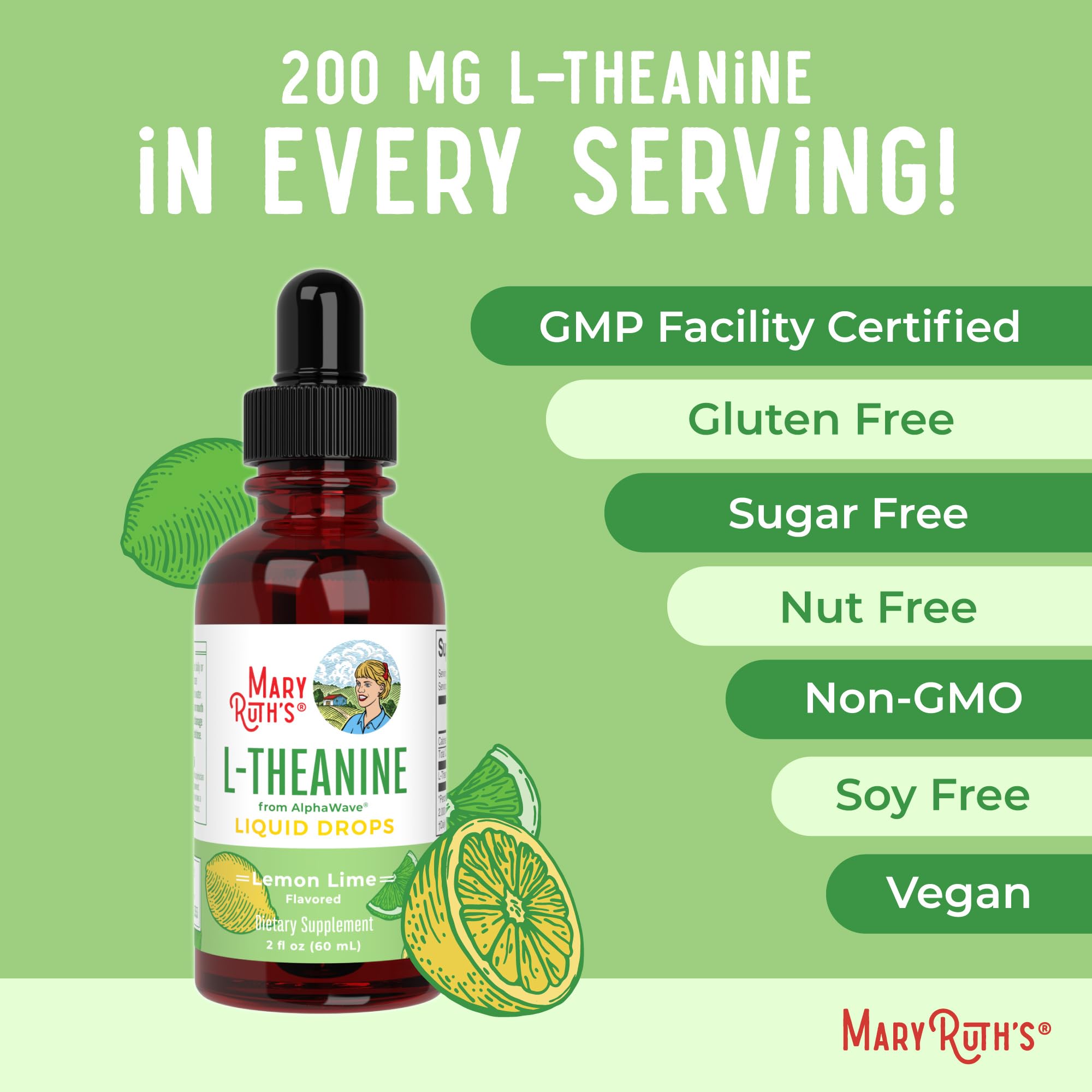 MaryRuth's L-Theanine 200mg Liquid Drops - Mood, Focus & Sleep Support | Vegan, Non-GMO, Gluten Free | 30 Servings