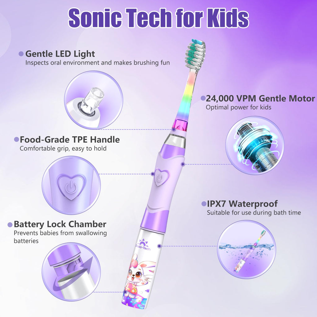 Kids Electric Toothbrush with Timer - Rainbow LED Rabbit Purple (Ages 2-12)