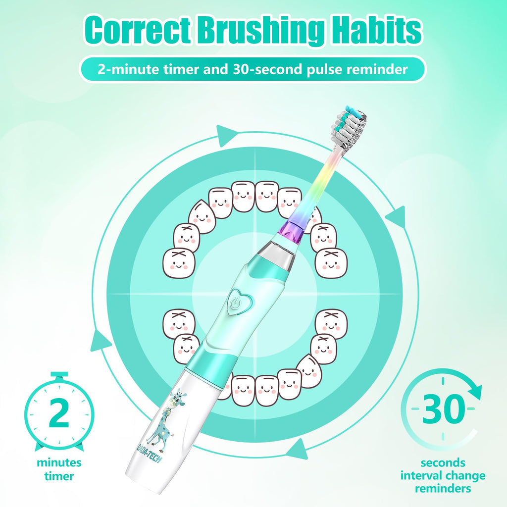 Kids Electric Toothbrush for Ages 2-12 | Rainbow LED Light Up, Green Giraffe