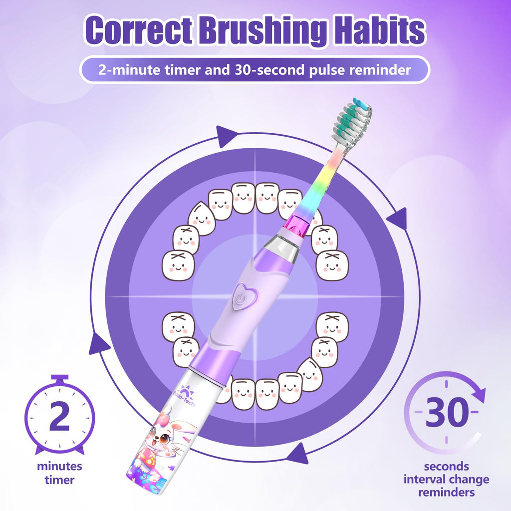 Kids Electric Toothbrush with Timer - Rainbow LED Rabbit Purple (Ages 2-12)
