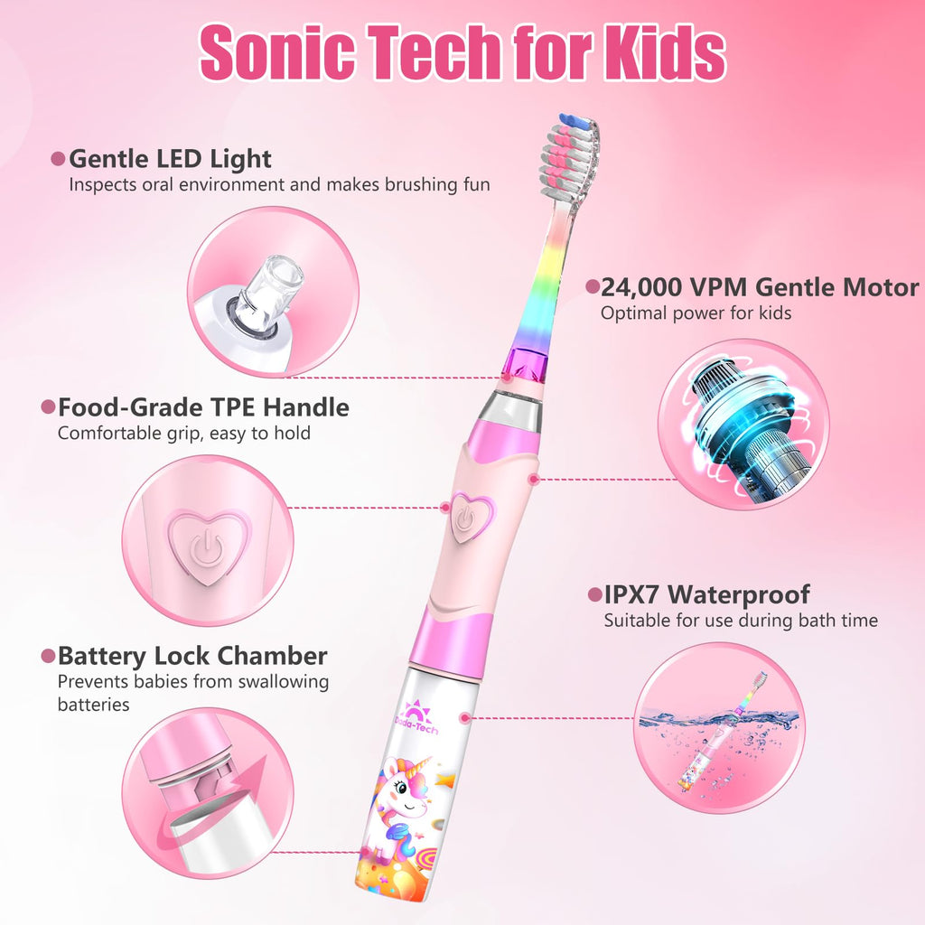 Kids Electric Toothbrush with Timer for Ages 2-12 | Rainbow LED, Pink Unicorn