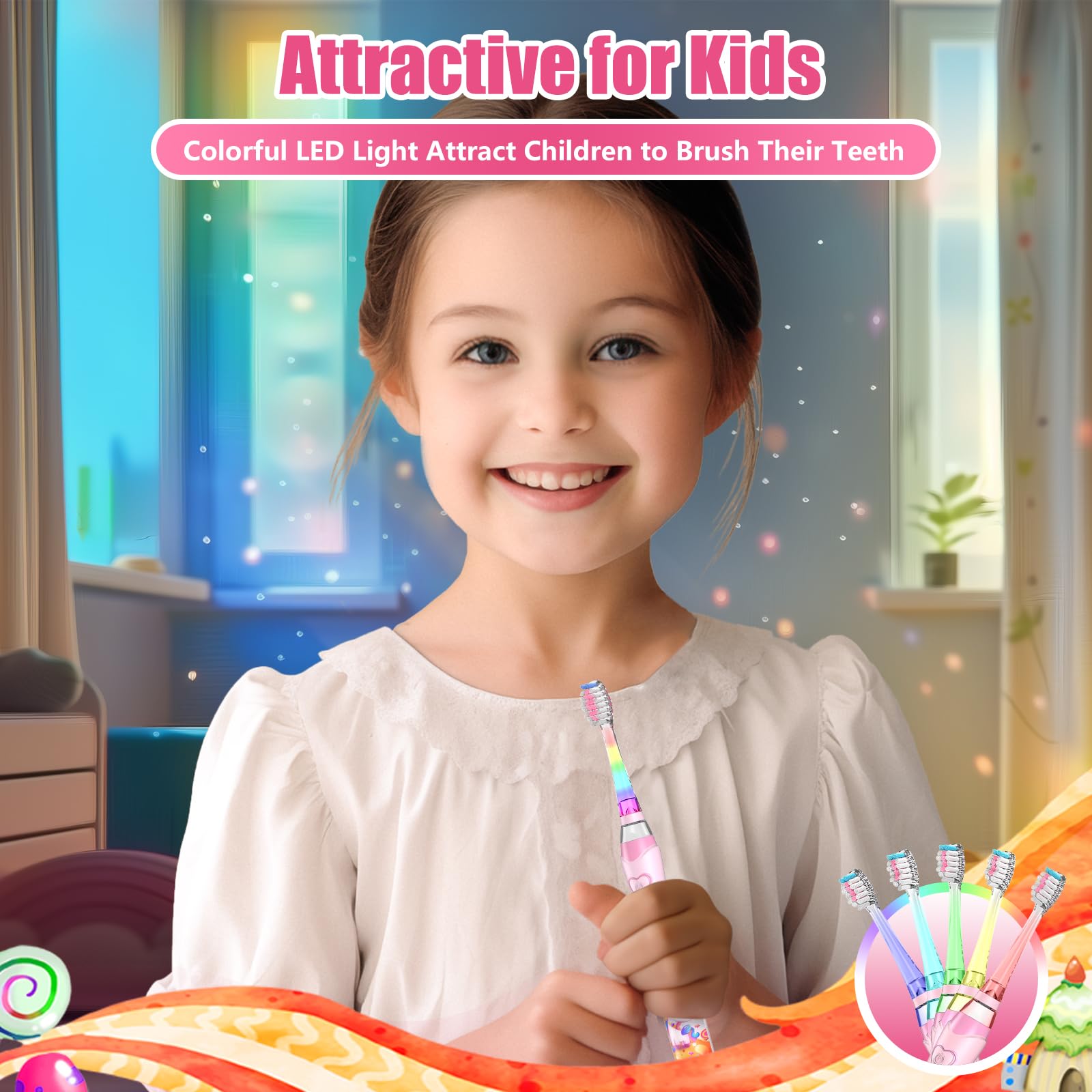 Kids Electric Toothbrush with Timer for Ages 2-12 | Rainbow LED, Pink Unicorn