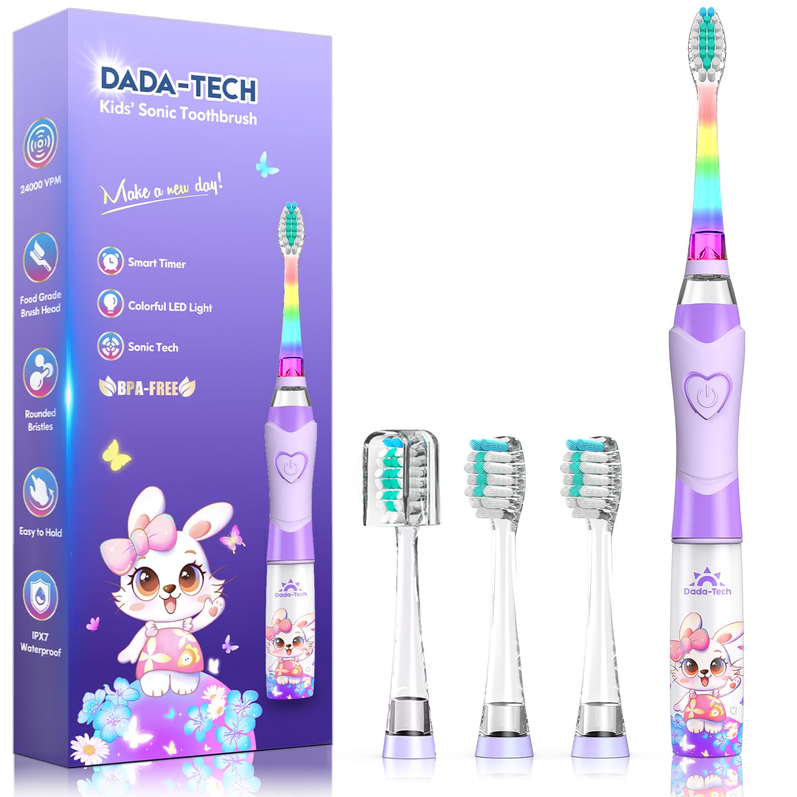 Kids Electric Toothbrush with Timer - Rainbow LED Rabbit Purple (Ages 2-12)