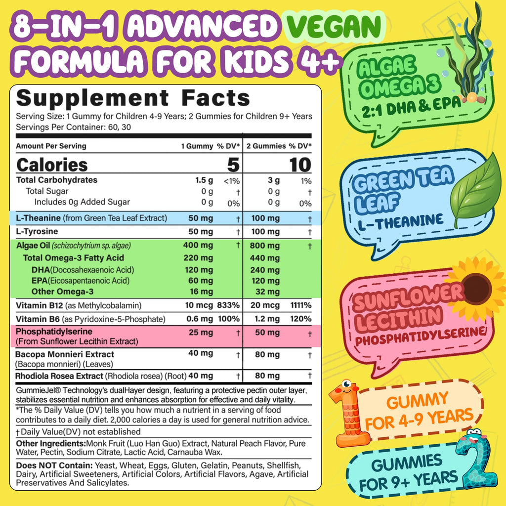 Kids Focus Gummies - Brain Supplements with Vegan Omega 3 DHA, Phosphatidylserine, L-Theanine, L-Tyrosine, Methylated B6 & B12 for Kids & Teen Support Attention, Memory, Nootropic, Sugar Free 60cts