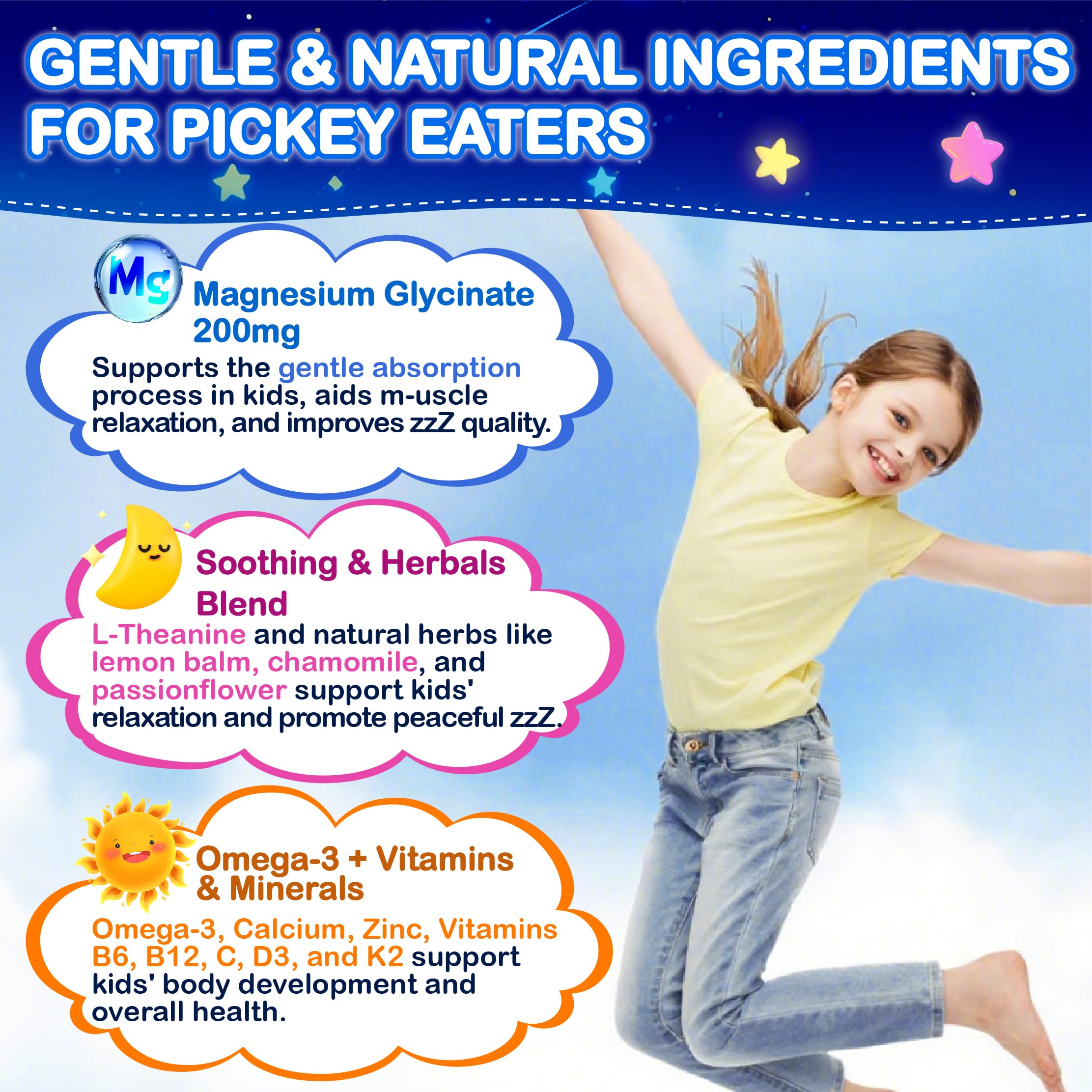 Kids Magnesium Glycinate Gummies 200mg – Sugar Free, Non-GMO, Vegan, with Omega-3 & L-Theanine