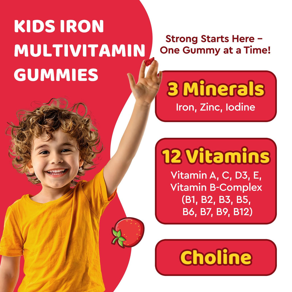 Iron Gummy Multivitamin for Kids – Iron, Zinc & B-Complex (60 Gummies) | Strawberry