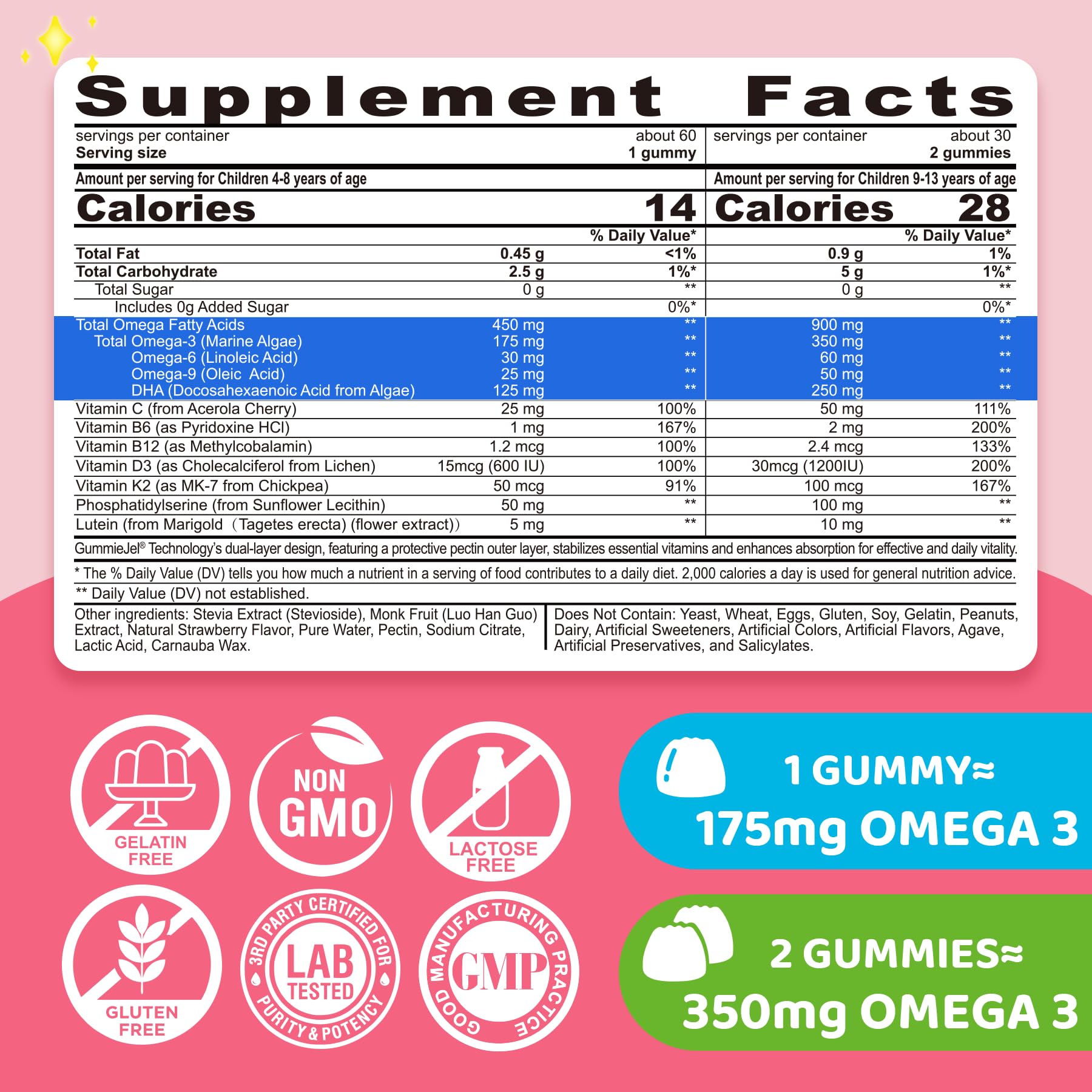 Kids Omega 3 Gummies 4+ | DHA, D3, K2, C, B6, Methyl B12 | Sugar Free | No Fish Taste | 60 Gummies