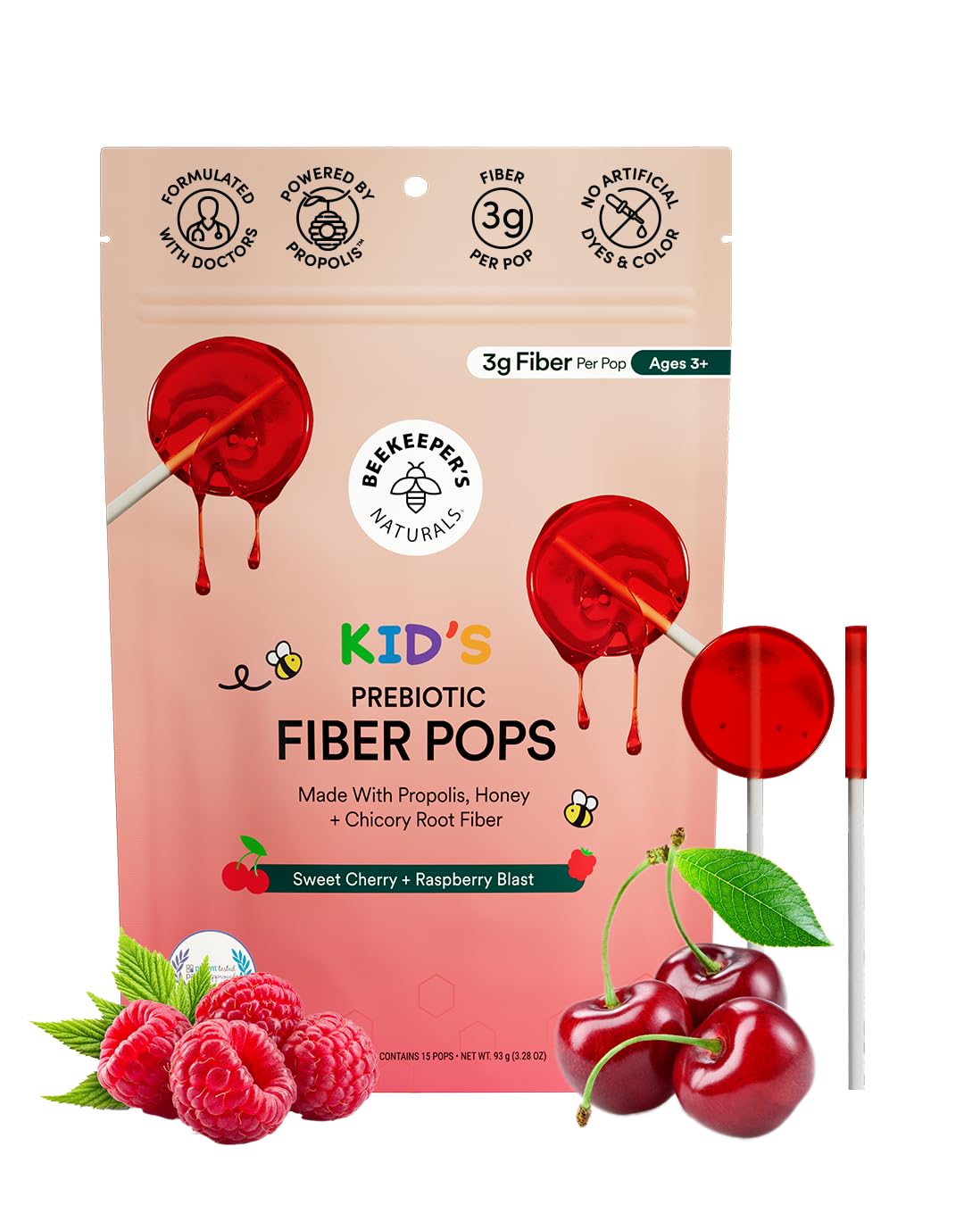 Kids Prebiotic Fiber Lollipops by Beekeeper's Naturals – Doctor Formulated, 3g Fiber per Pop (Raspberry Blast & Sweet Cherry), 15 ct