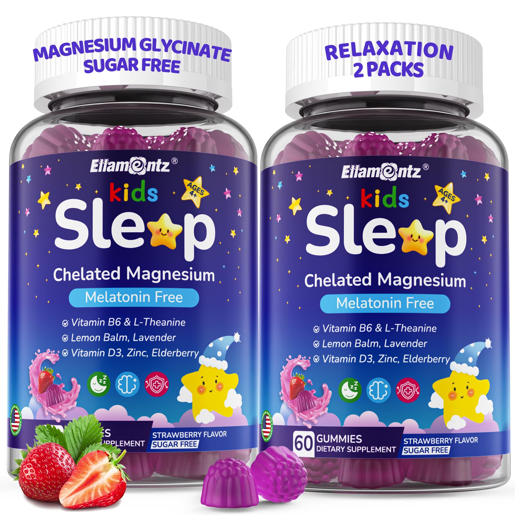 Kids Sleep Gummies - NO Melatonin Sleep Aid with Magnesium Glycinate, Magnesium Malate, L-Theanine, Lavender, B6, Zinc, D3K2 | 2-Pack
